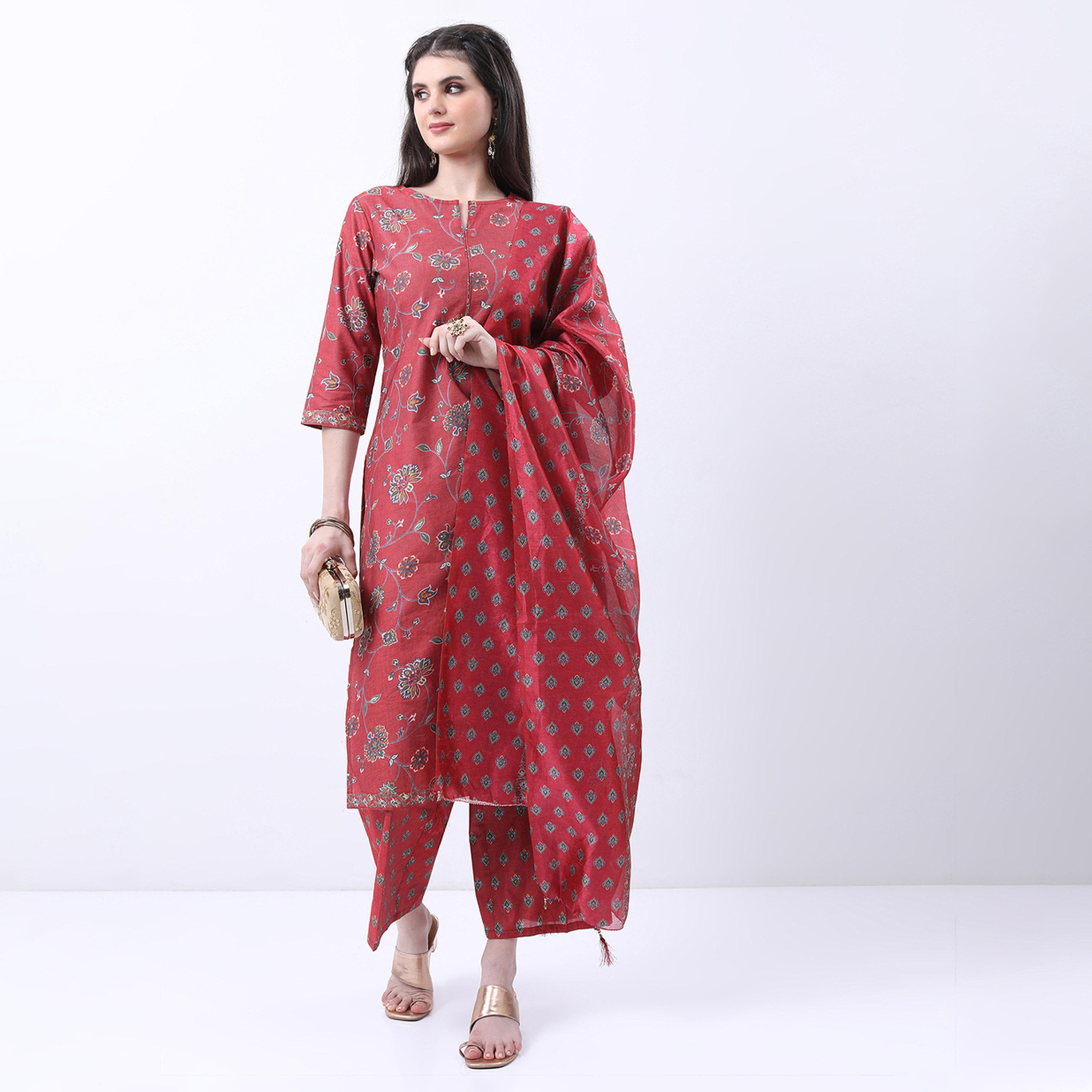 فيشود × ستايلي - كورتا بطبعة زهور مع بنطال بلازو ووشاح دوباتا - أحمر وأخضر-women-clothing-ethnicwear-sareesets-image-1