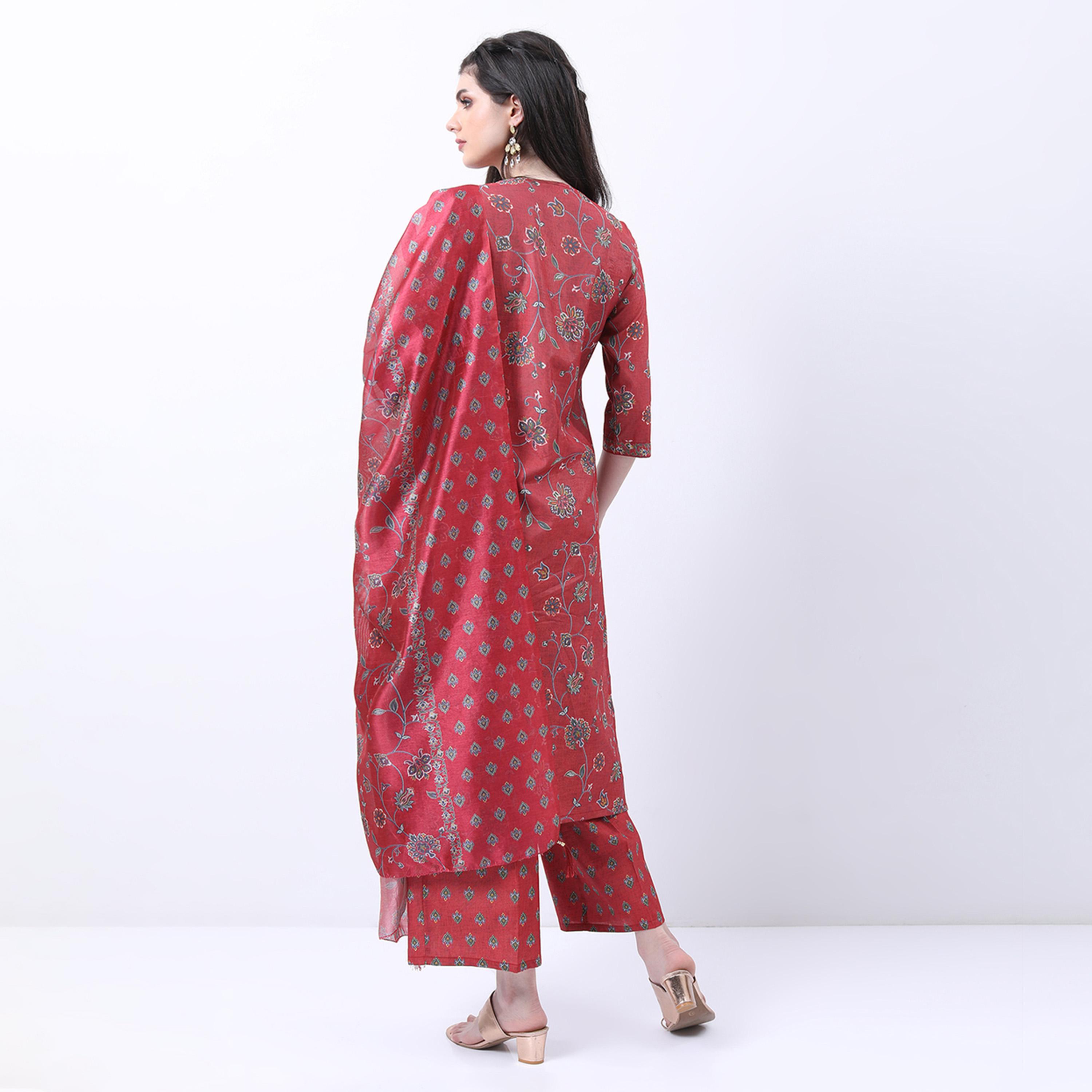 فيشود × ستايلي - كورتا بطبعة زهور مع بنطال بلازو ووشاح دوباتا - أحمر وأخضر-women-clothing-ethnicwear-sareesets-image-3