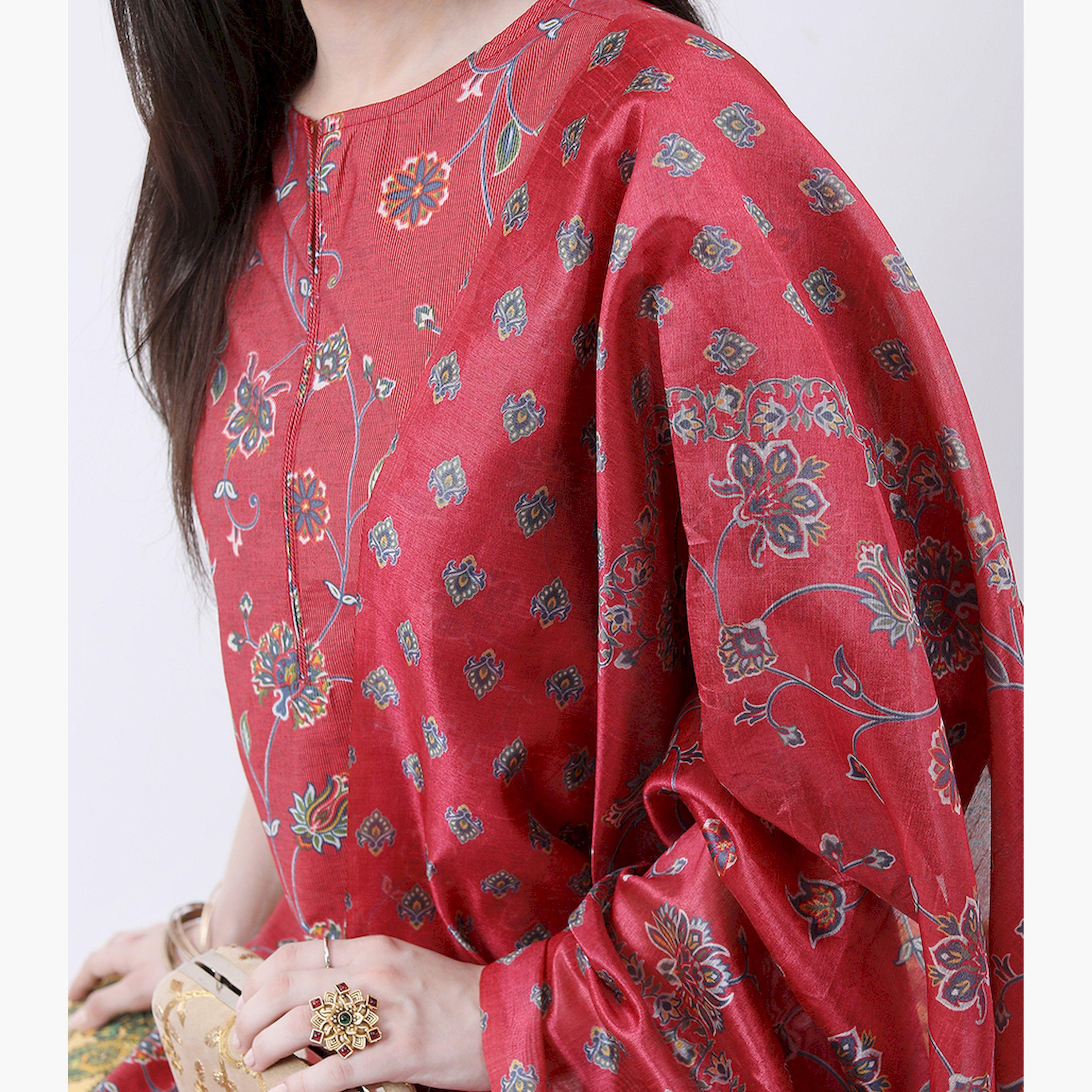 فيشود × ستايلي - كورتا بطبعة زهور مع بنطال بلازو ووشاح دوباتا - أحمر وأخضر-women-clothing-ethnicwear-sareesets-image-5