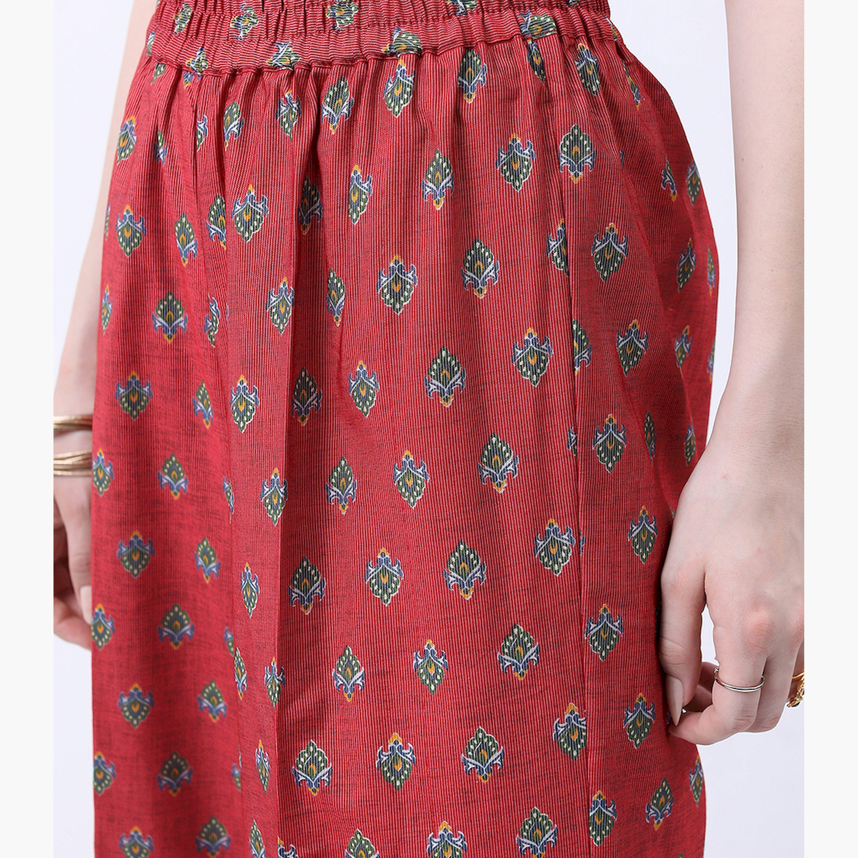 فيشود × ستايلي - كورتا بطبعة زهور مع بنطال بلازو ووشاح دوباتا - أحمر وأخضر-women-clothing-ethnicwear-sareesets-image-6