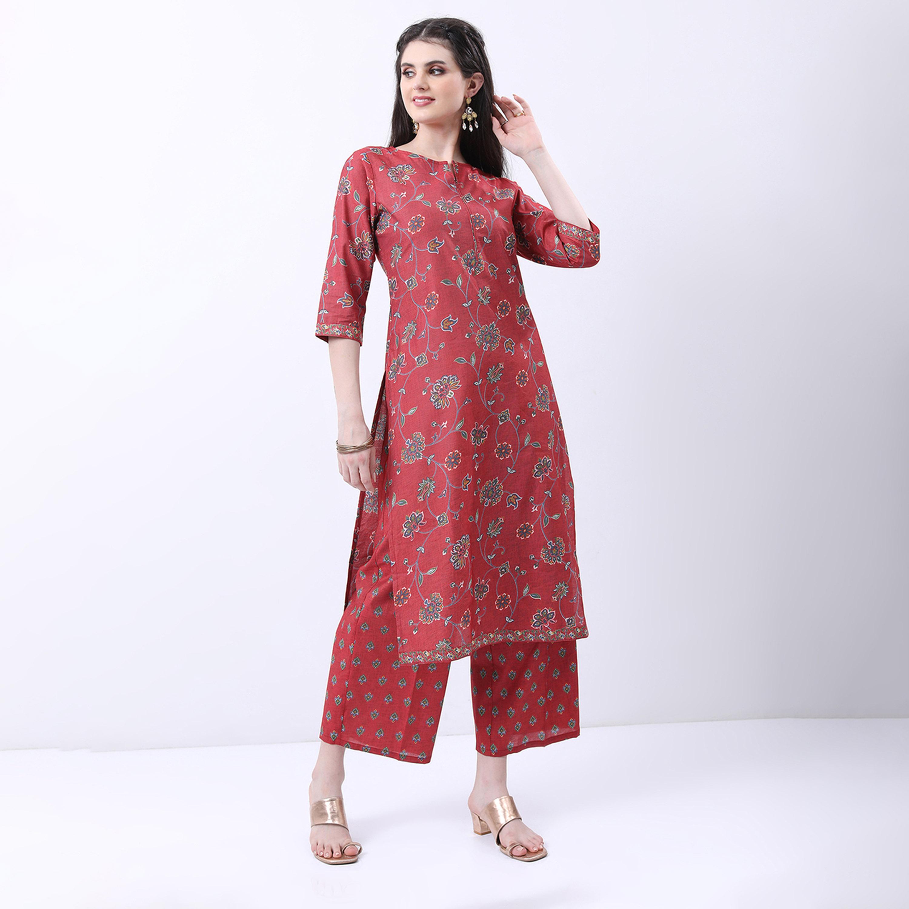 فيشود × ستايلي - كورتا بطبعة زهور مع بنطال بلازو ووشاح دوباتا - أحمر وأخضر-women-clothing-ethnicwear-sareesets-image-7