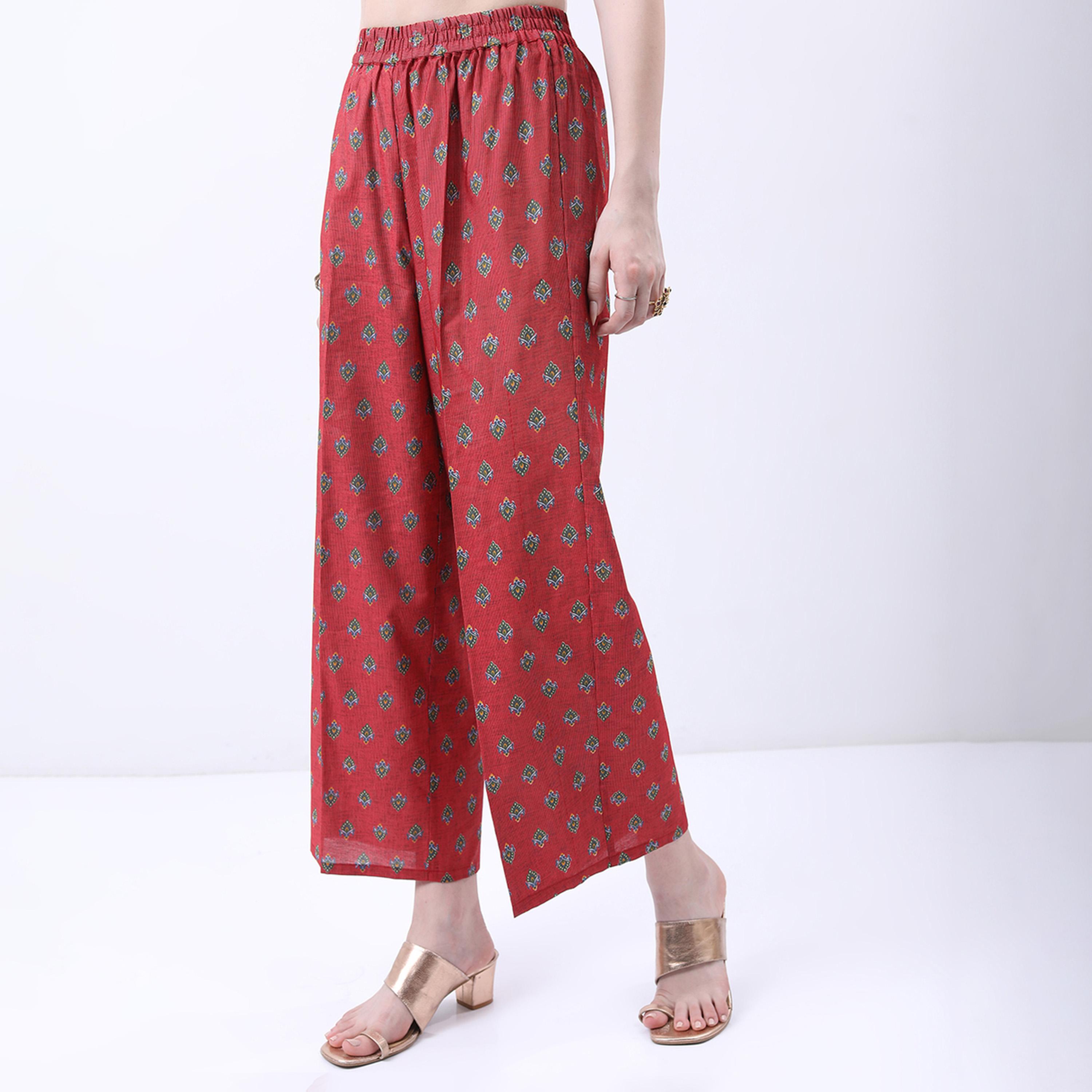 فيشود × ستايلي - كورتا بطبعة زهور مع بنطال بلازو ووشاح دوباتا - أحمر وأخضر-women-clothing-ethnicwear-sareesets-image-8