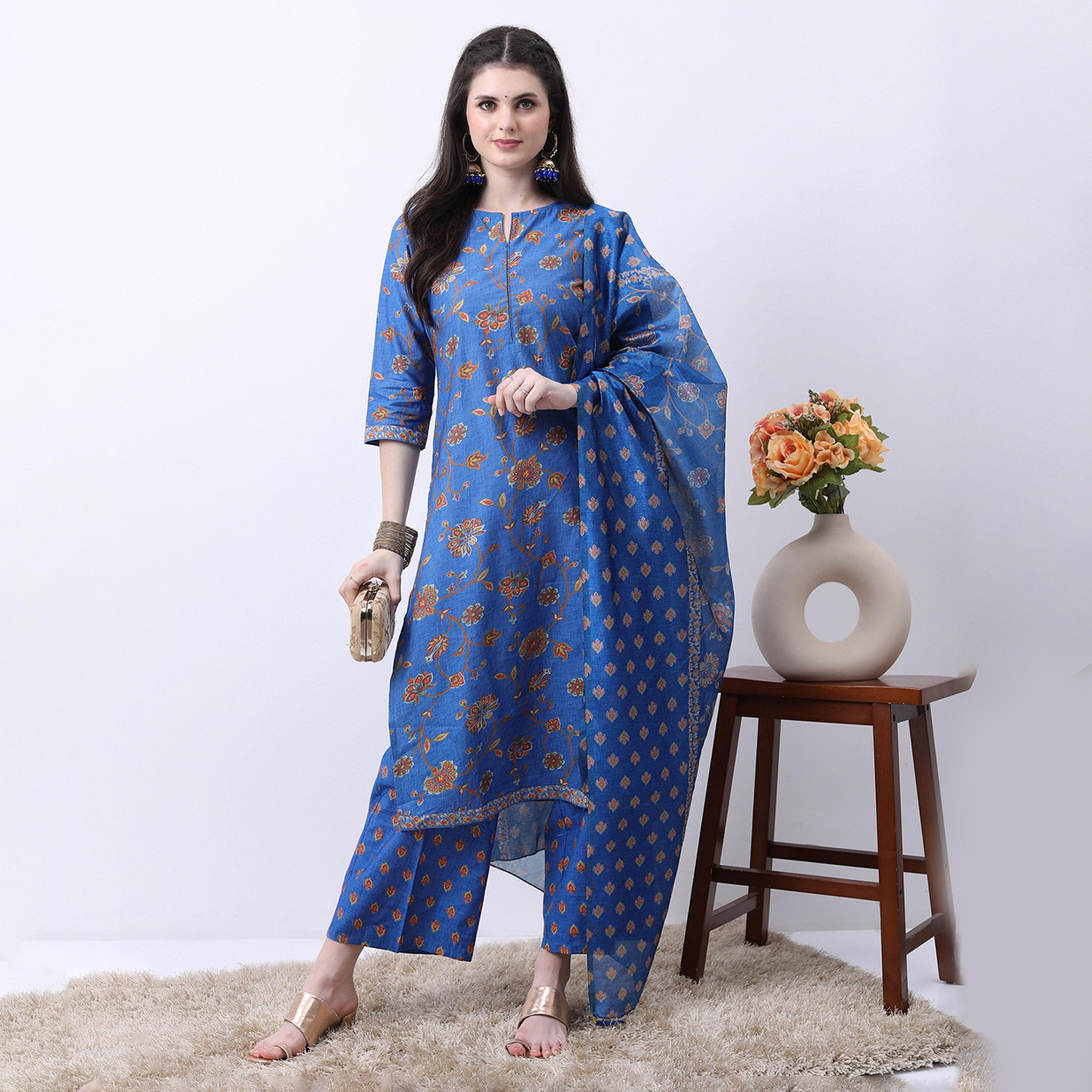Vishudh X Styli Blue & Brown Floral Printed Kurta With Palazzos & Dupatta-women-clothing-ethnicwear-sareesets-image-1