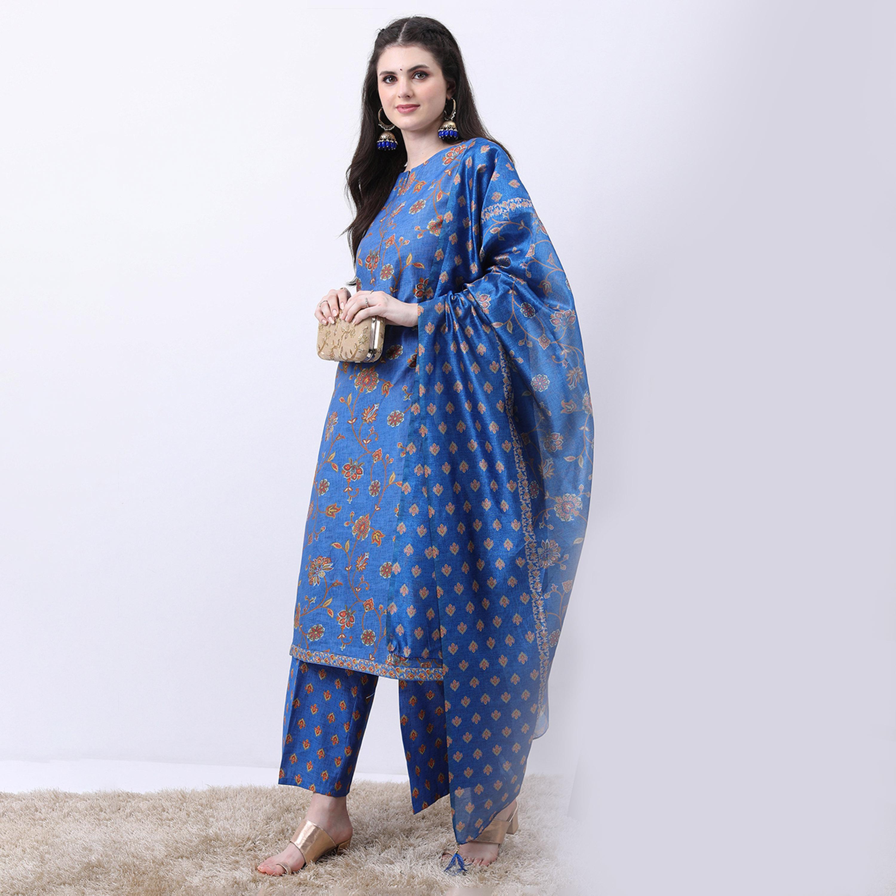 Vishudh X Styli Blue & Brown Floral Printed Kurta With Palazzos & Dupatta-women-clothing-ethnicwear-sareesets-image-2