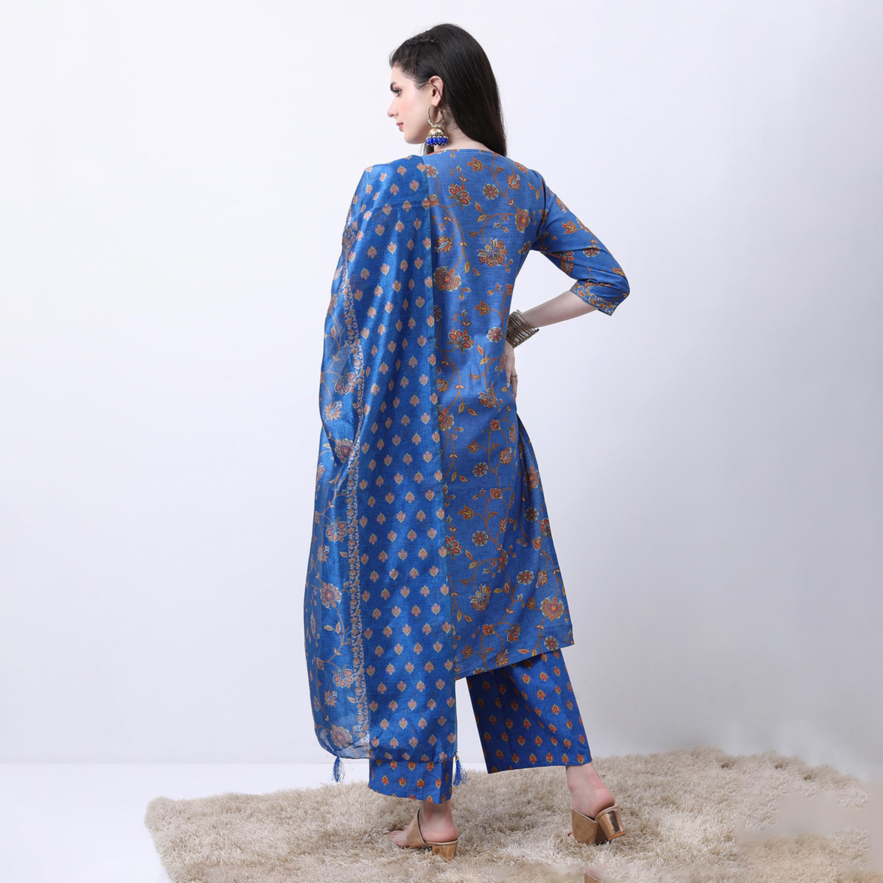 فيشود × ستايلي - كورتا مطبوعة بالزهور مع بنطال بالازو ووشاح دوباتا - أزرق وبني-women-clothing-ethnicwear-sareesets-image-3