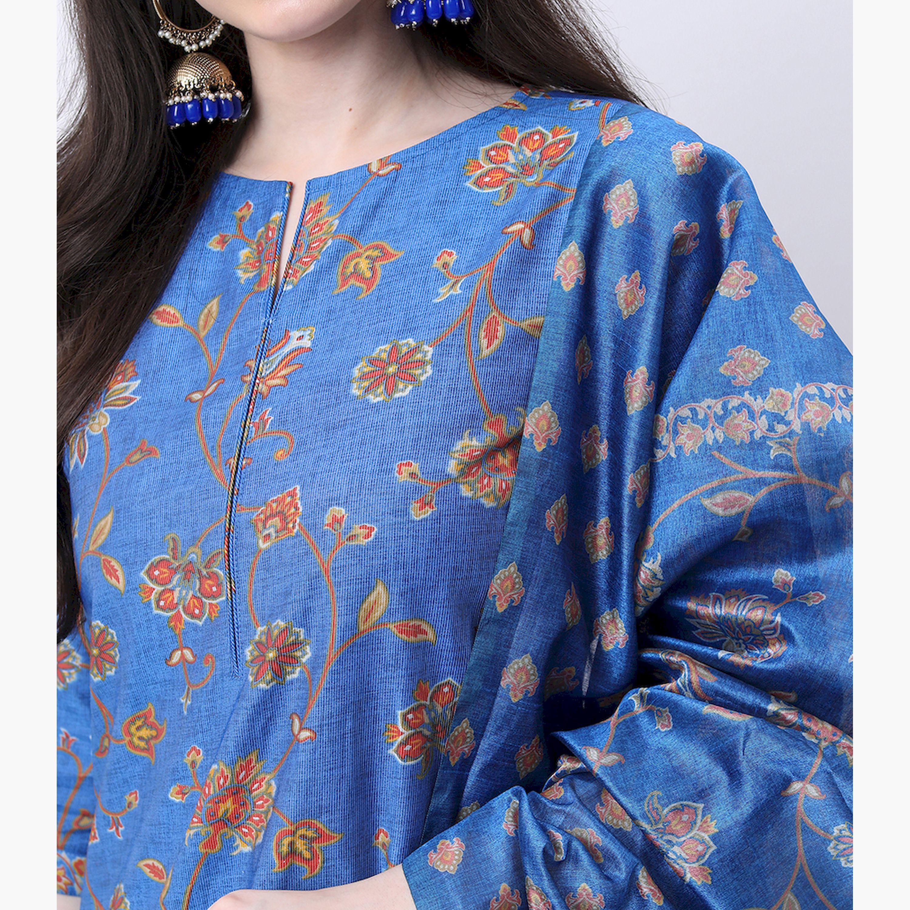 Vishudh X Styli Blue & Brown Floral Printed Kurta With Palazzos & Dupatta-women-clothing-ethnicwear-sareesets-image-4