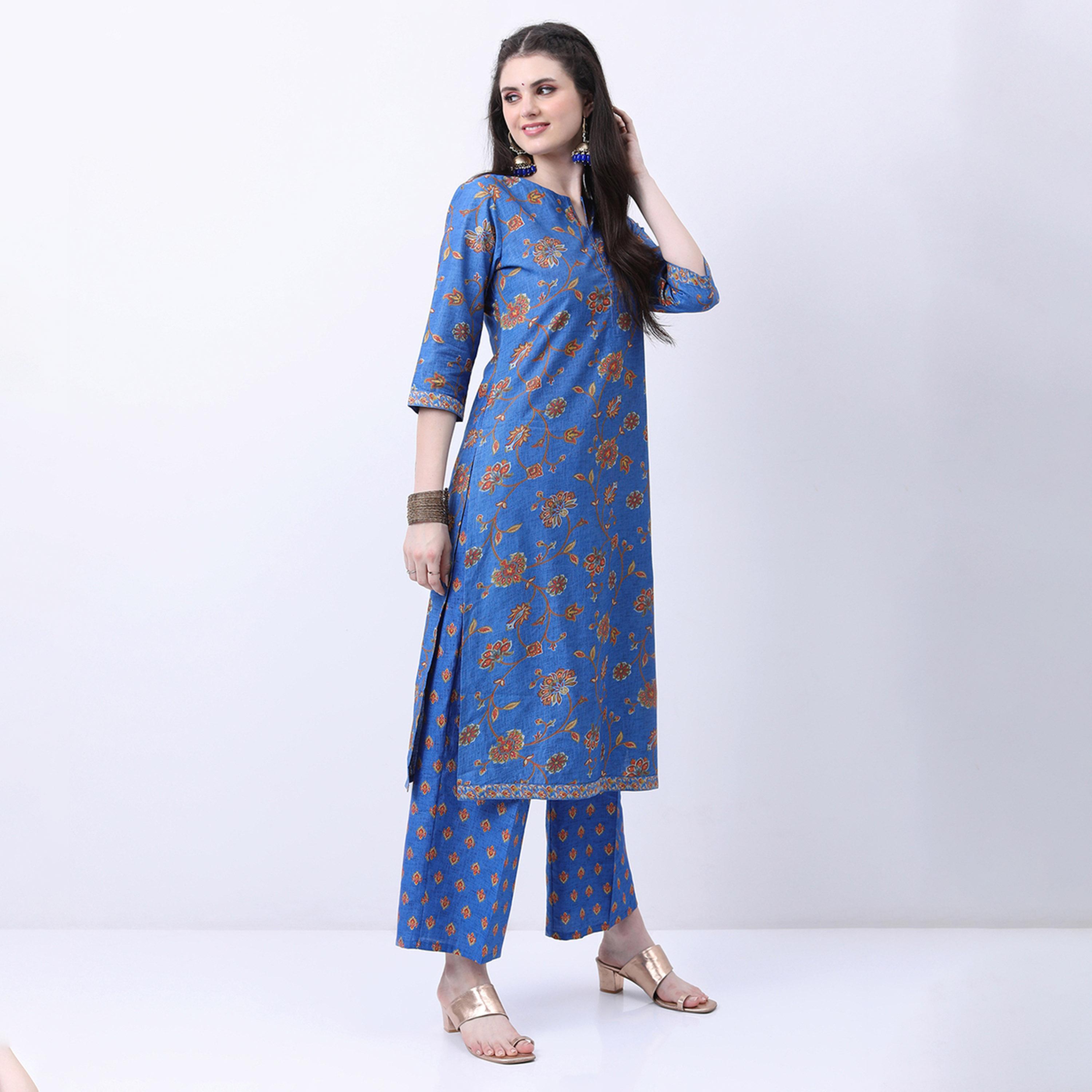 Vishudh X Styli Blue & Brown Floral Printed Kurta With Palazzos & Dupatta-women-clothing-ethnicwear-sareesets-image-5