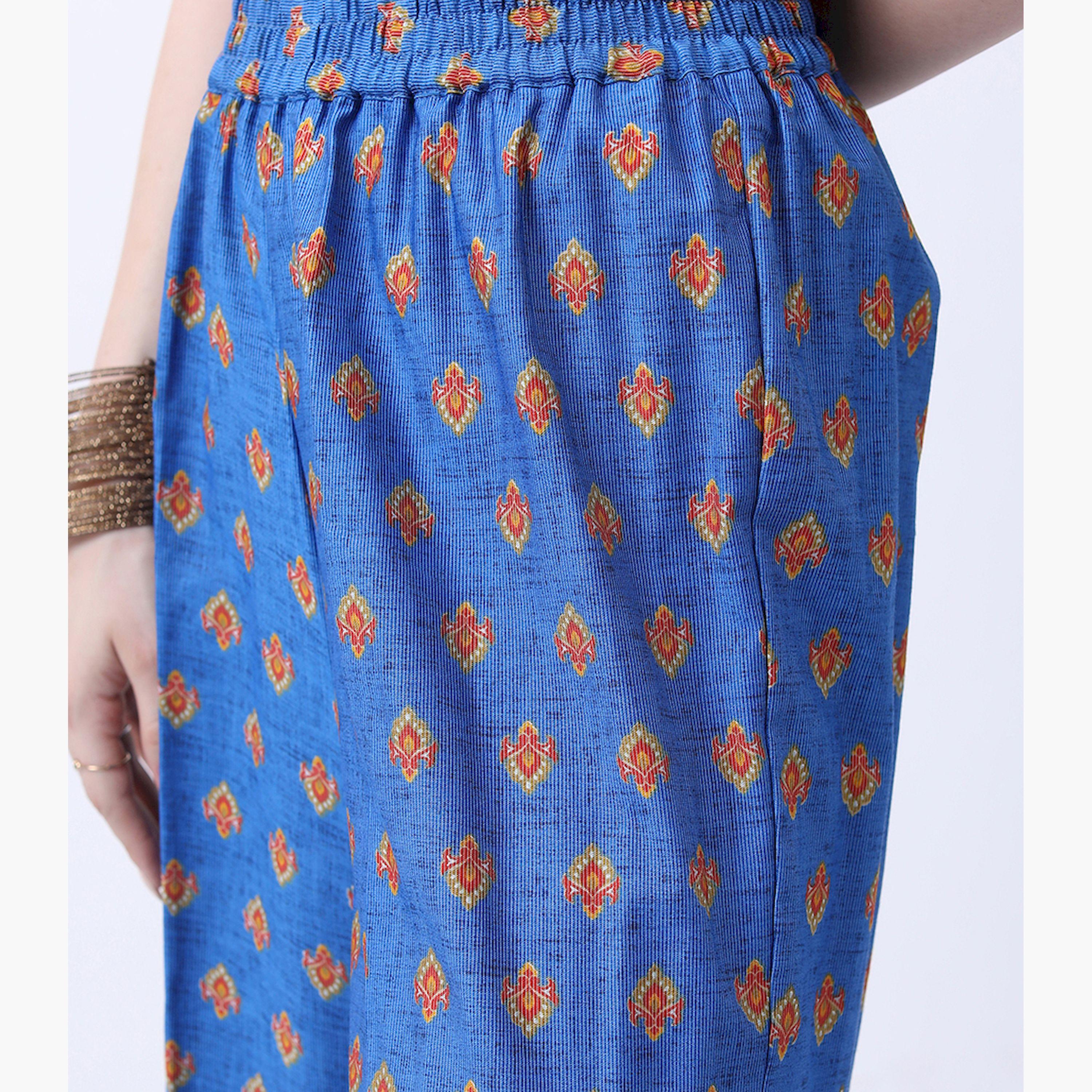 فيشود × ستايلي - كورتا مطبوعة بالزهور مع بنطال بالازو ووشاح دوباتا - أزرق وبني-women-clothing-ethnicwear-sareesets-image-6