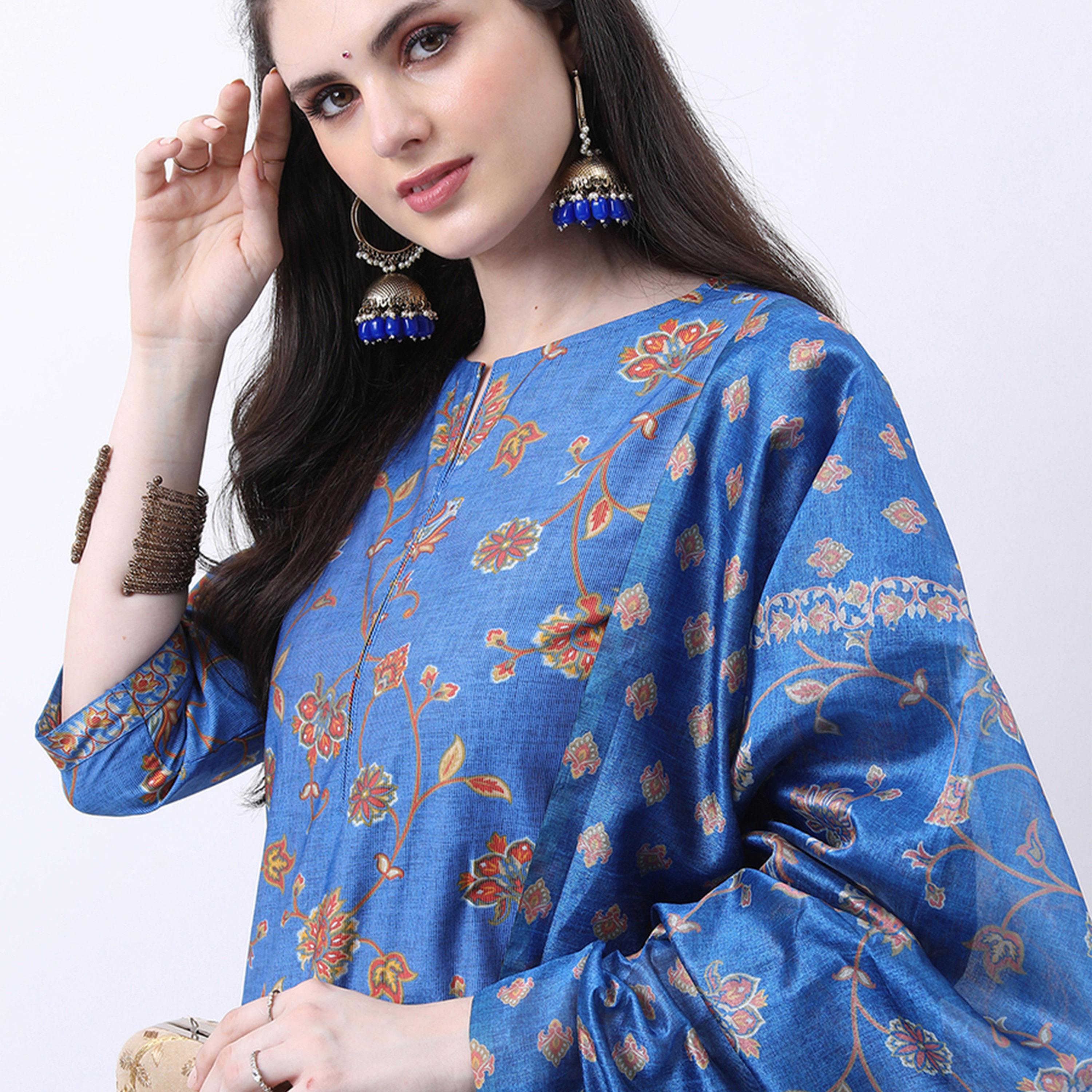 فيشود × ستايلي - كورتا مطبوعة بالزهور مع بنطال بالازو ووشاح دوباتا - أزرق وبني-women-clothing-ethnicwear-sareesets-image-8