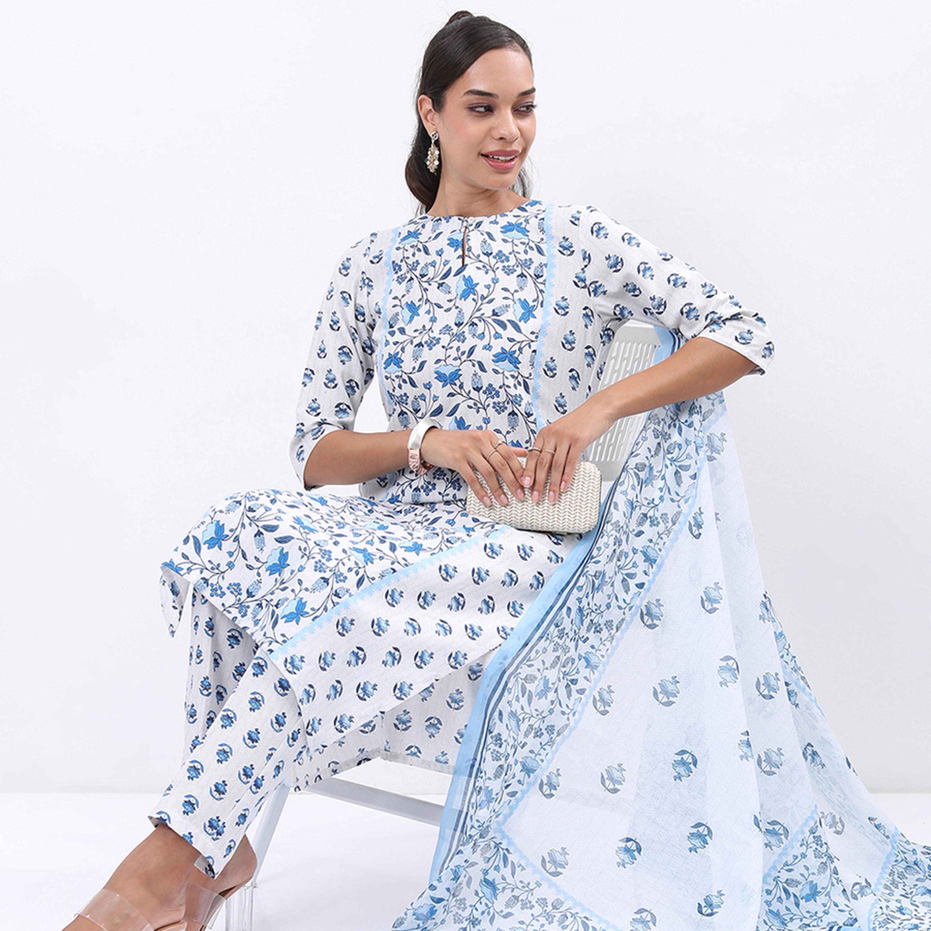 Vishudh X Styli White & Blue Floral Printed Kurta With Trousers & Dupatta-women-clothing-ethnicwear-sareesets-image-1