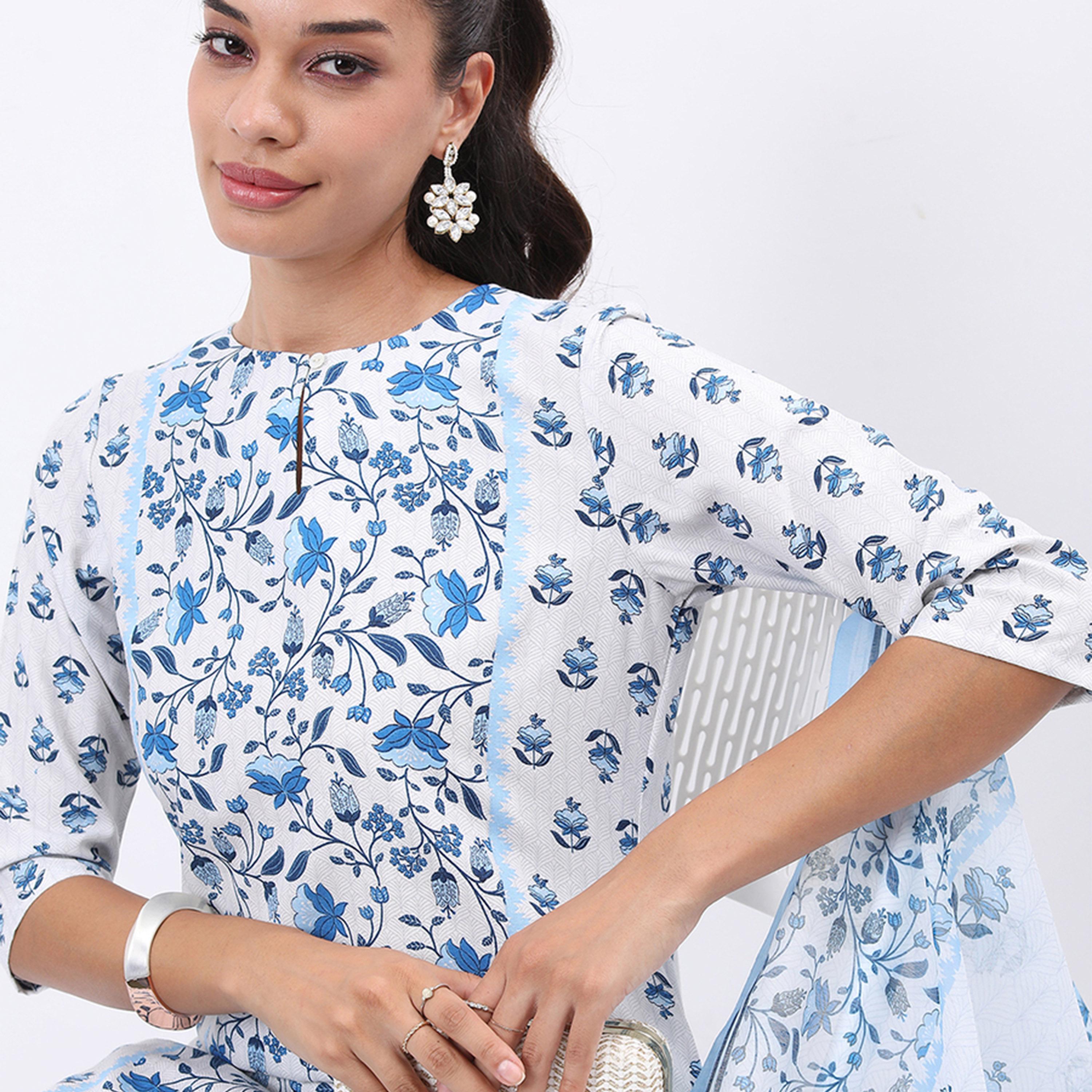 Vishudh X Styli White & Blue Floral Printed Kurta With Trousers & Dupatta-women-clothing-ethnicwear-sareesets-image-2