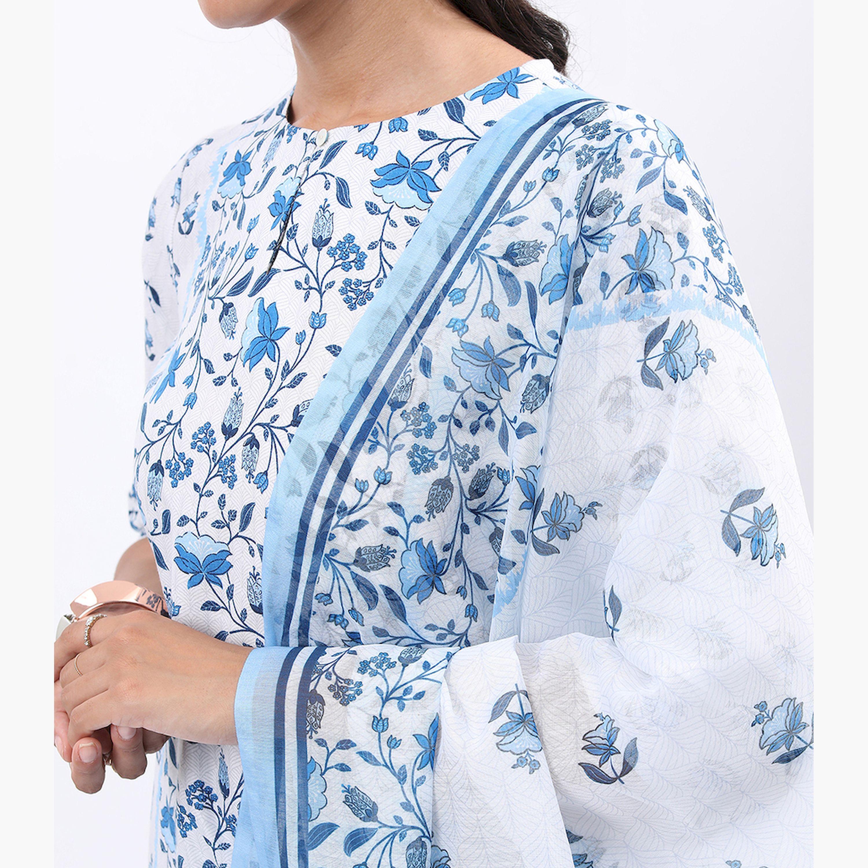 Vishudh X Styli White & Blue Floral Printed Kurta With Trousers & Dupatta-women-clothing-ethnicwear-sareesets-image-5