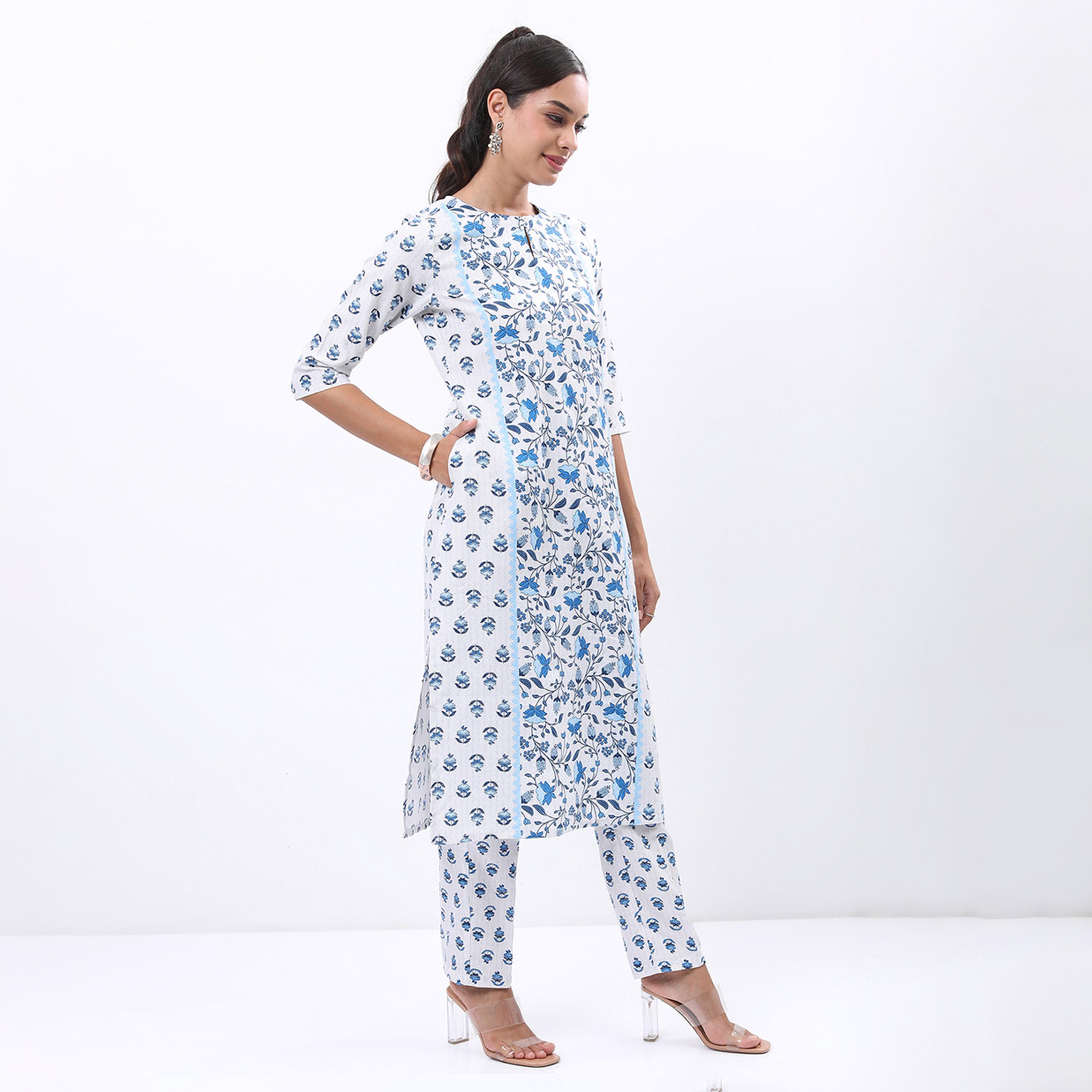 Vishudh X Styli White & Blue Floral Printed Kurta With Trousers & Dupatta-women-clothing-ethnicwear-sareesets-image-6