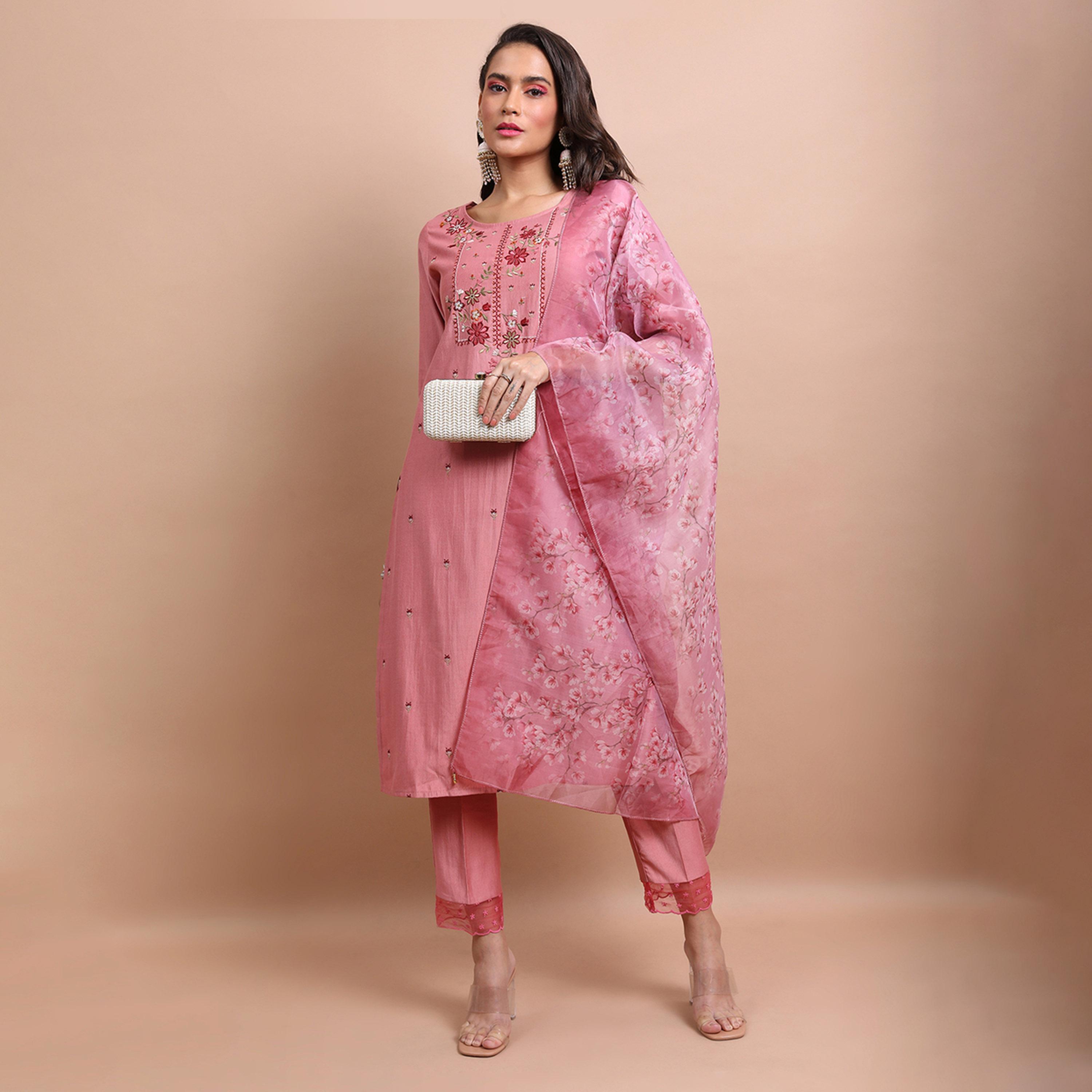 Vishudh X Styli Pink Floral Yoke Design Kurta With Trousers And Dupatta-women-clothing-ethnicwear-sareesets-image-1
