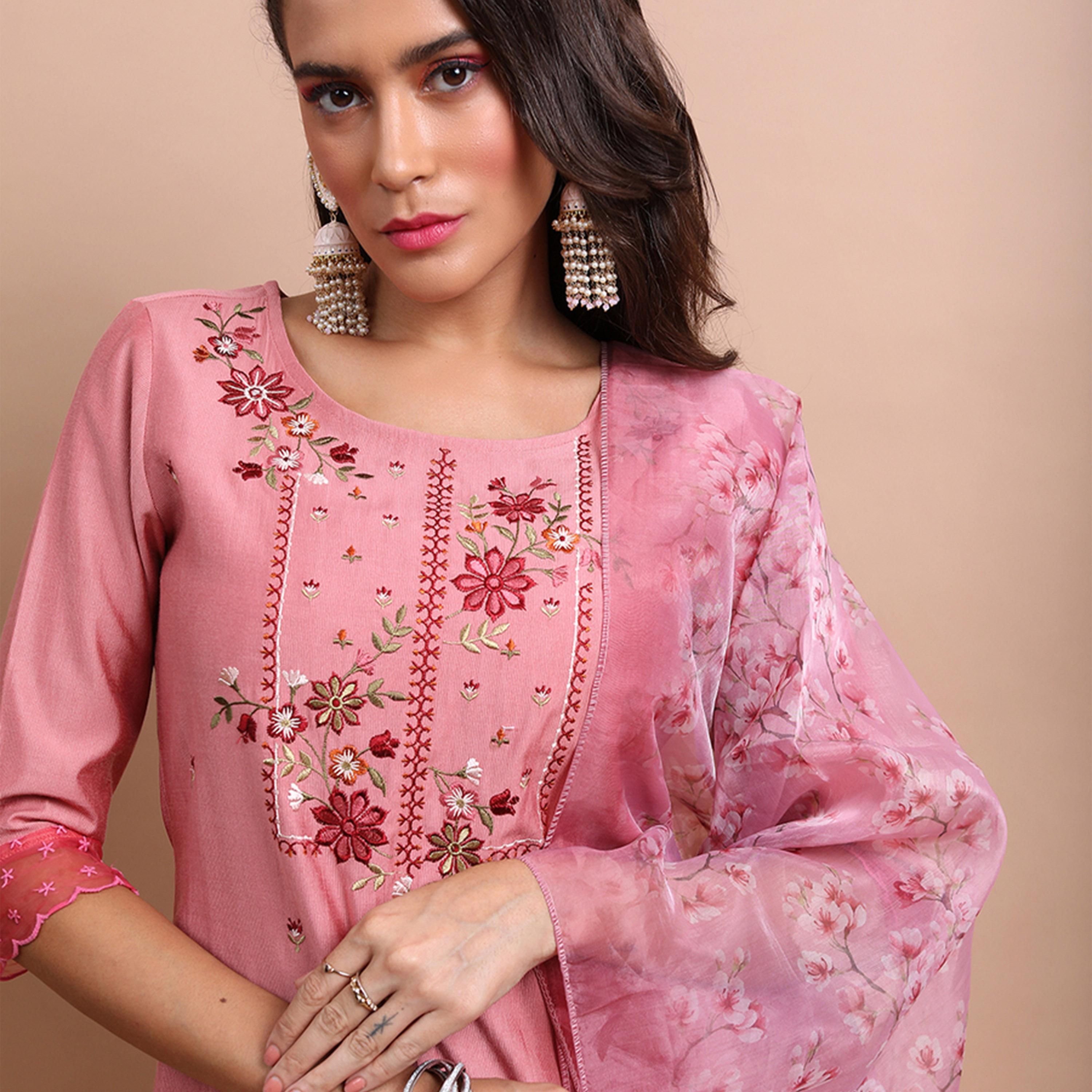 Vishudh X Styli Pink Floral Yoke Design Kurta With Trousers And Dupatta-women-clothing-ethnicwear-sareesets-image-2