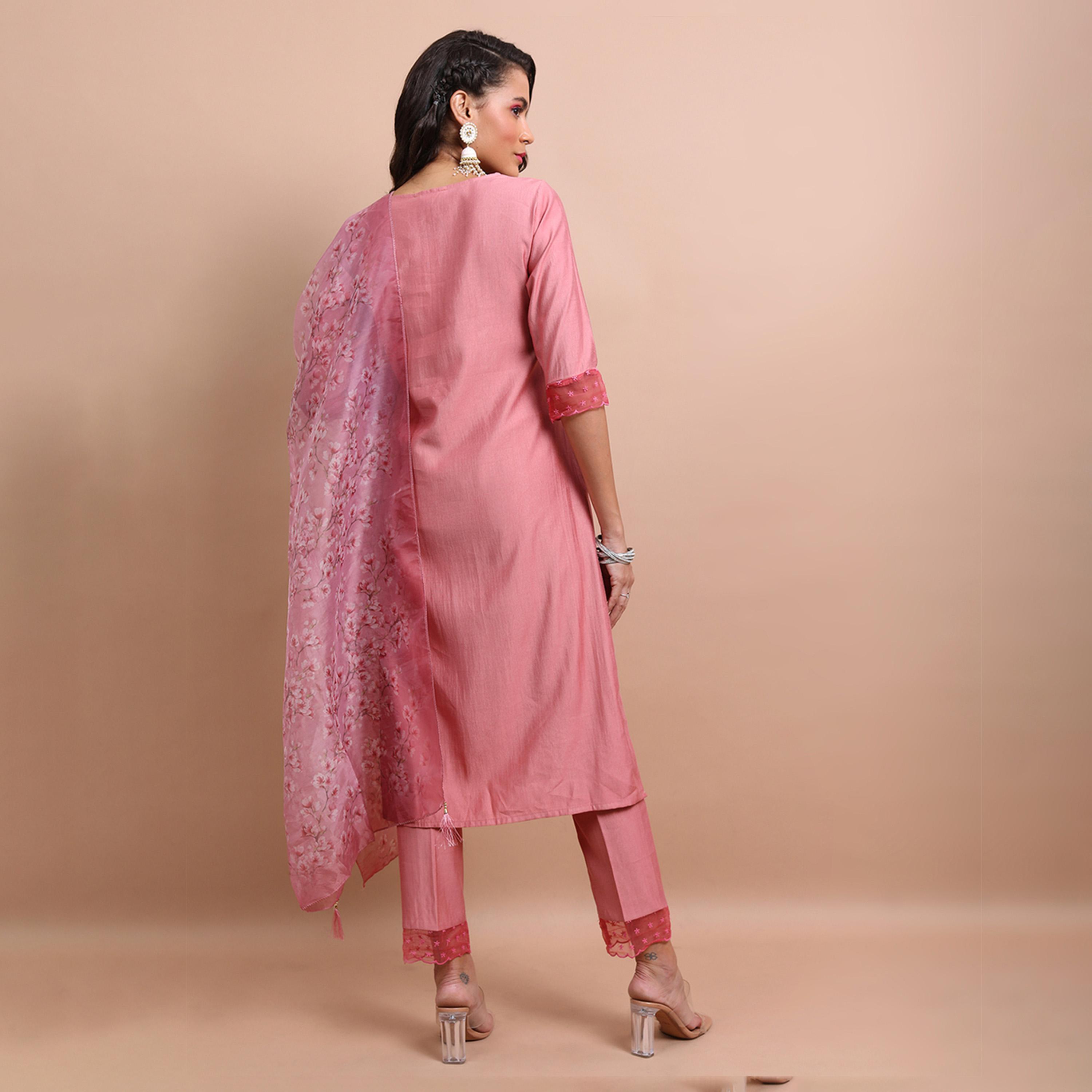 Vishudh X Styli Pink Floral Yoke Design Kurta With Trousers And Dupatta-women-clothing-ethnicwear-sareesets-image-3
