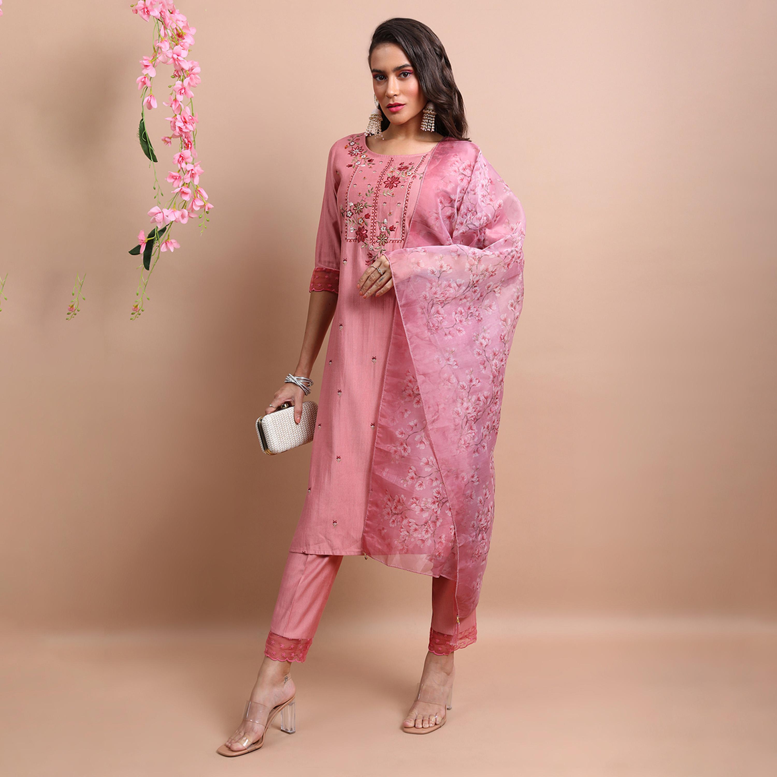 Vishudh X Styli Pink Floral Yoke Design Kurta With Trousers And Dupatta-women-clothing-ethnicwear-sareesets-image-4