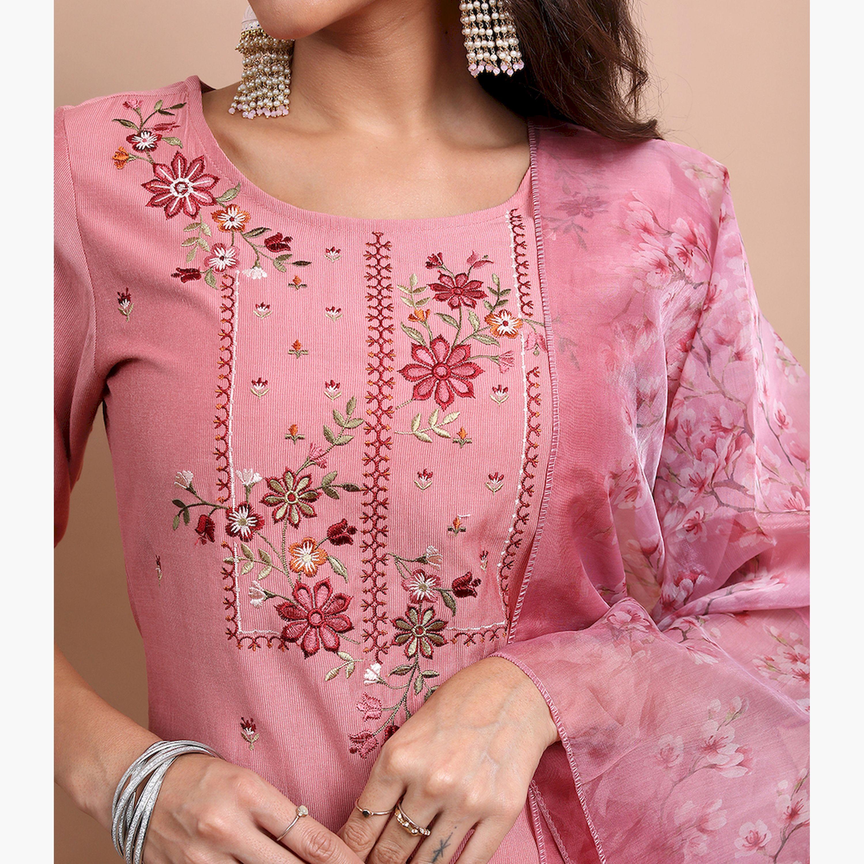 Vishudh X Styli Pink Floral Yoke Design Kurta With Trousers And Dupatta-women-clothing-ethnicwear-sareesets-image-5