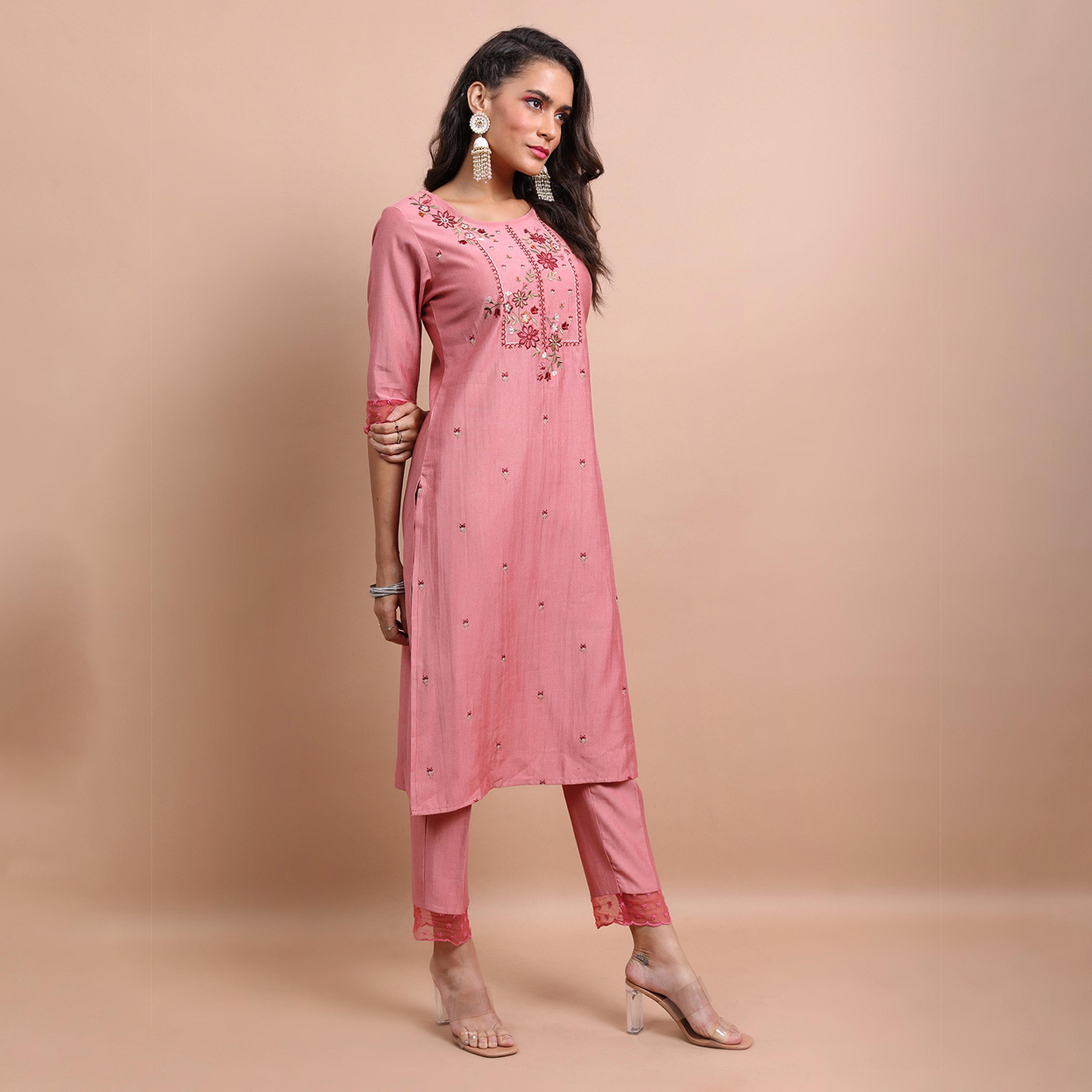 Vishudh X Styli Pink Floral Yoke Design Kurta With Trousers And Dupatta-women-clothing-ethnicwear-sareesets-image-6