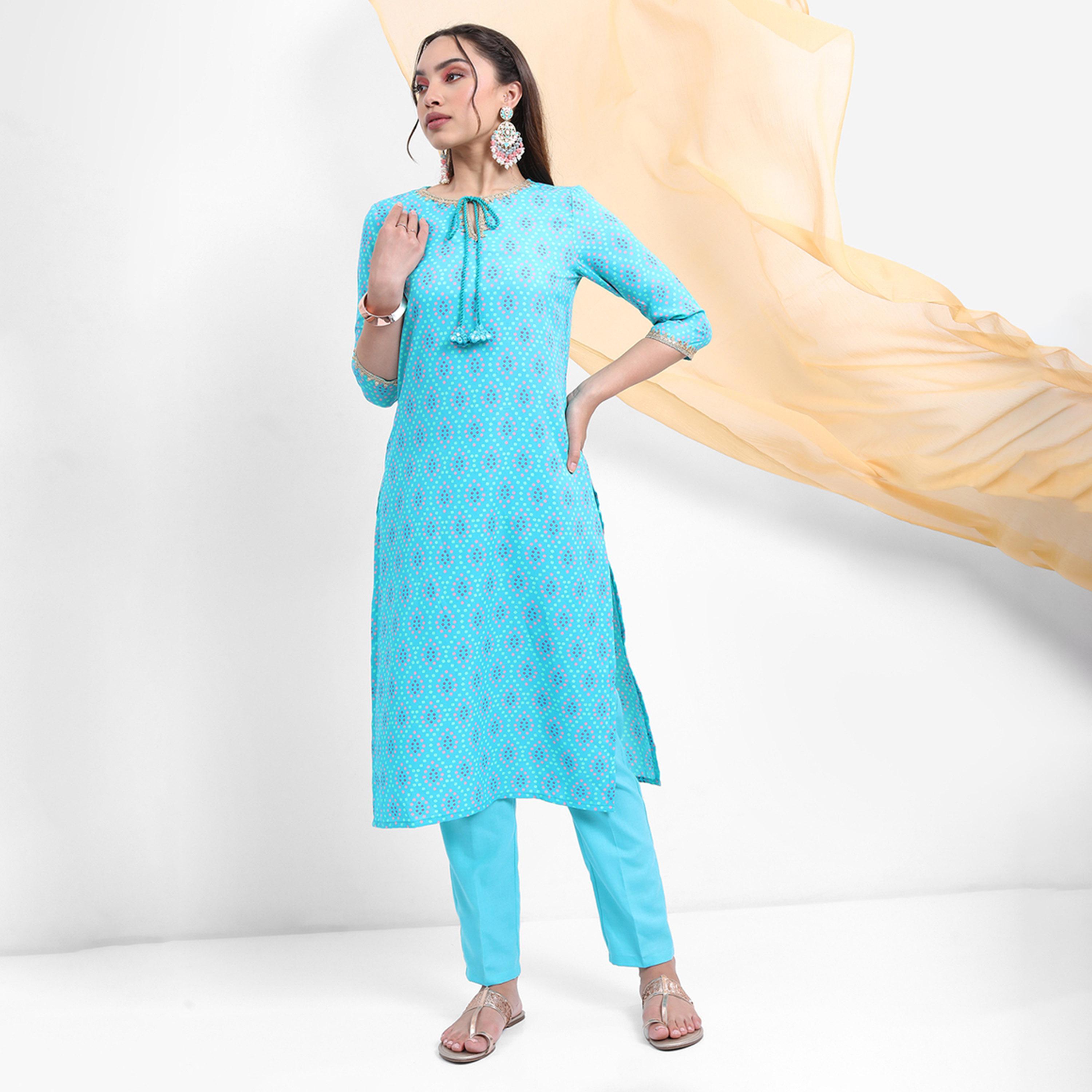 Vishudh X Styli Turquoise Blue Bandhani Printed Tie Up Neck Kurta With Trousers & Dupatta-women-clothing-ethnicwear-sareesets-image-1