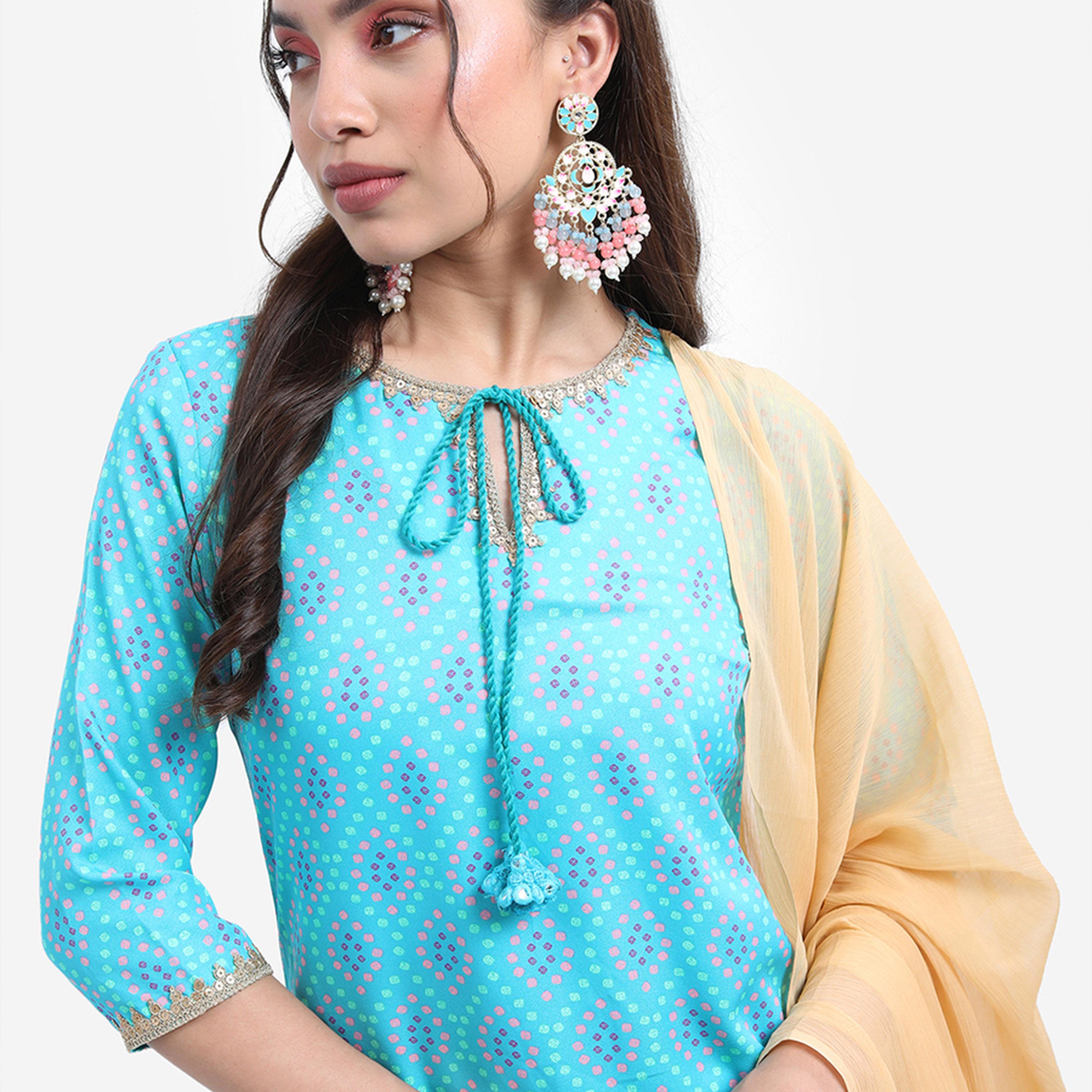 Vishudh X Styli Turquoise Blue Bandhani Printed Tie Up Neck Kurta With Trousers & Dupatta-women-clothing-ethnicwear-sareesets-image-2
