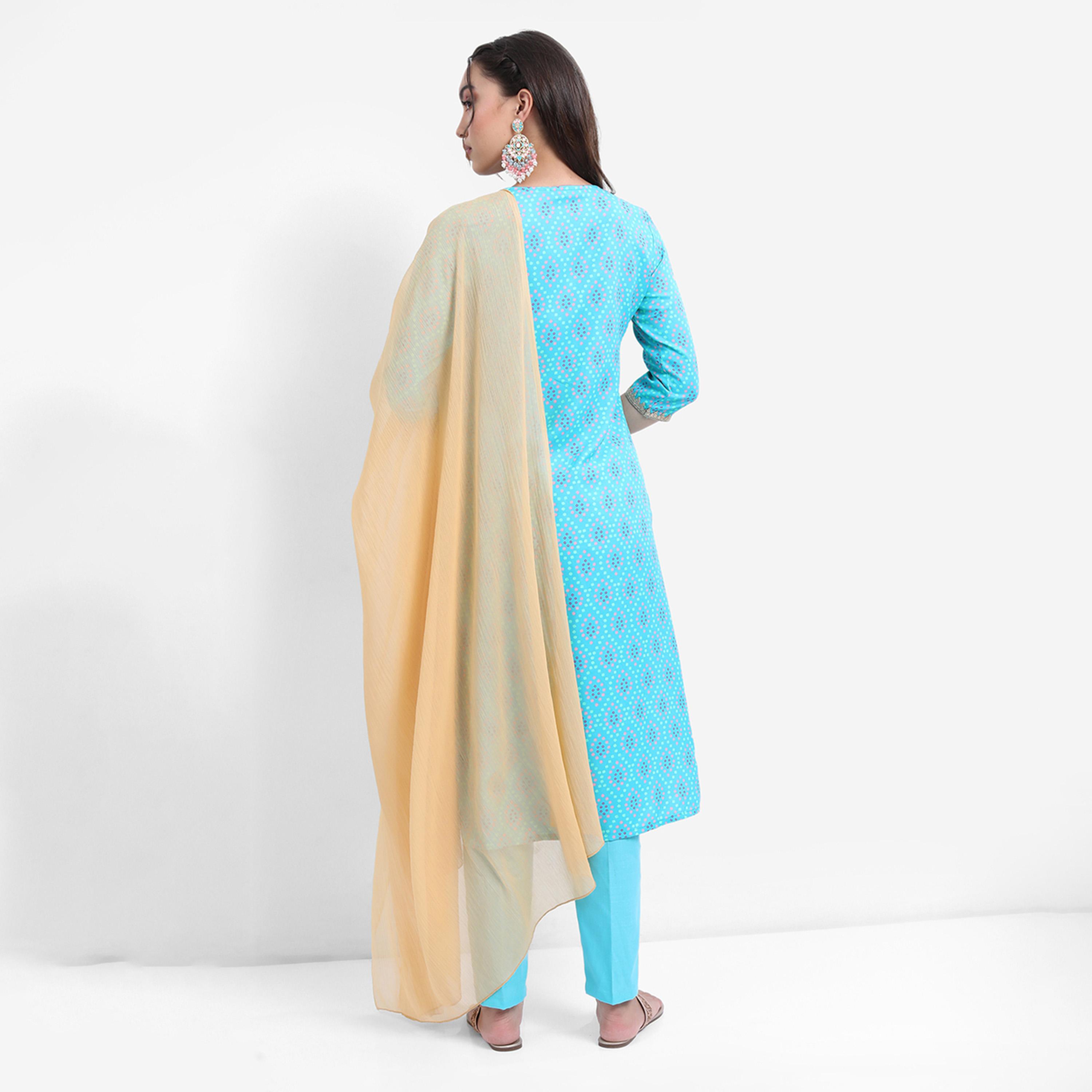 Vishudh X Styli Turquoise Blue Bandhani Printed Tie Up Neck Kurta With Trousers & Dupatta-women-clothing-ethnicwear-sareesets-image-3