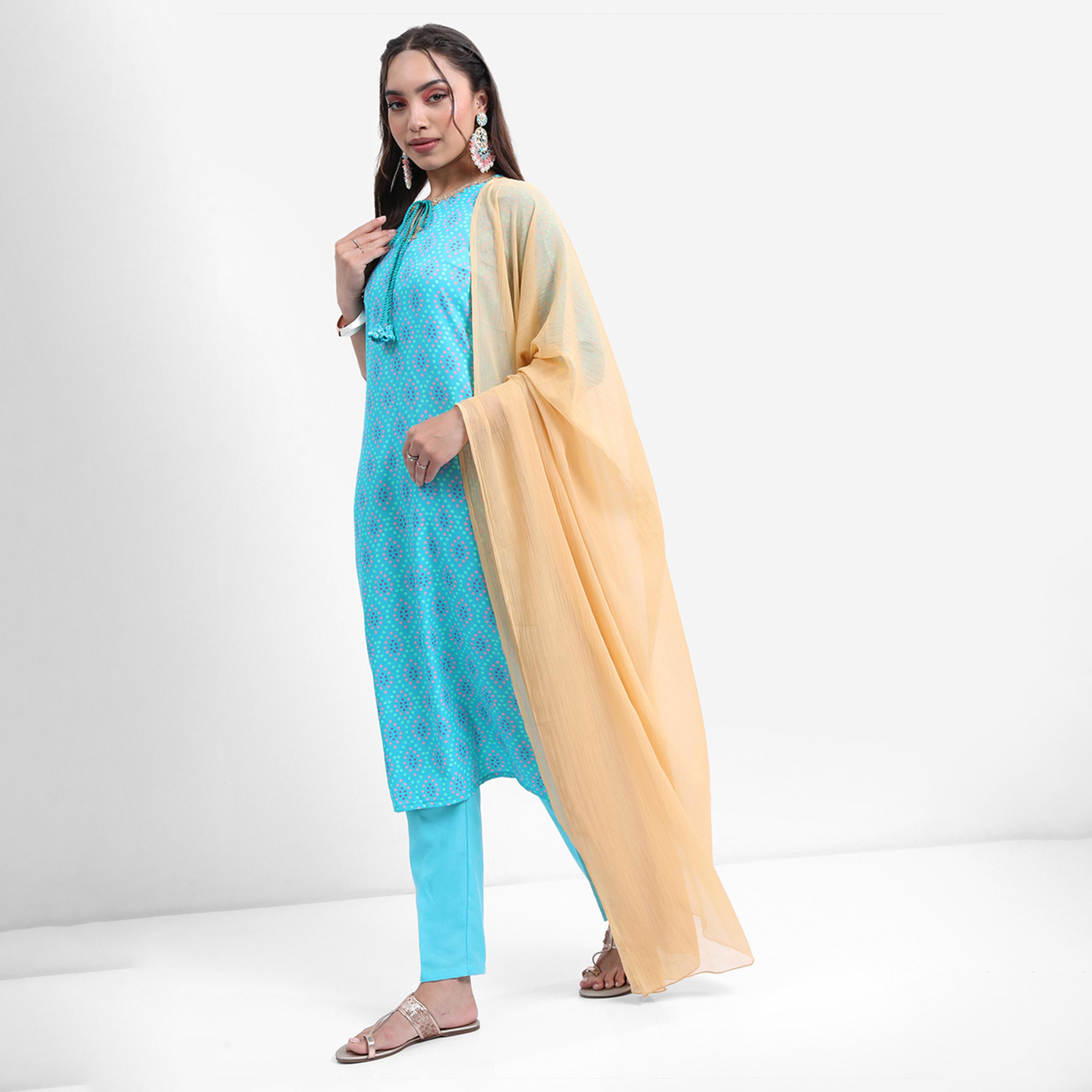Vishudh X Styli Turquoise Blue Bandhani Printed Tie Up Neck Kurta With Trousers & Dupatta-women-clothing-ethnicwear-sareesets-image-4