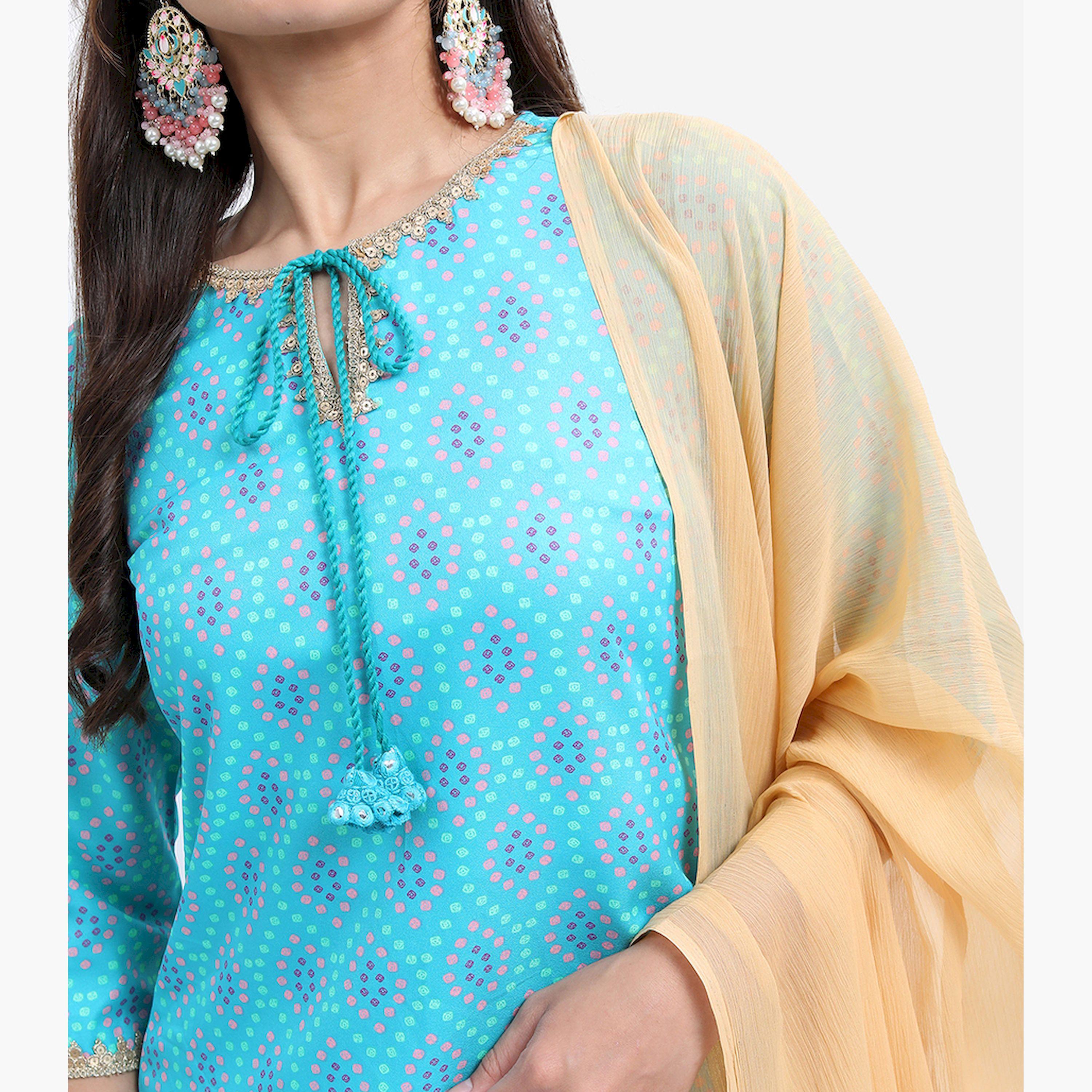 Vishudh X Styli Turquoise Blue Bandhani Printed Tie Up Neck Kurta With Trousers & Dupatta-women-clothing-ethnicwear-sareesets-image-5