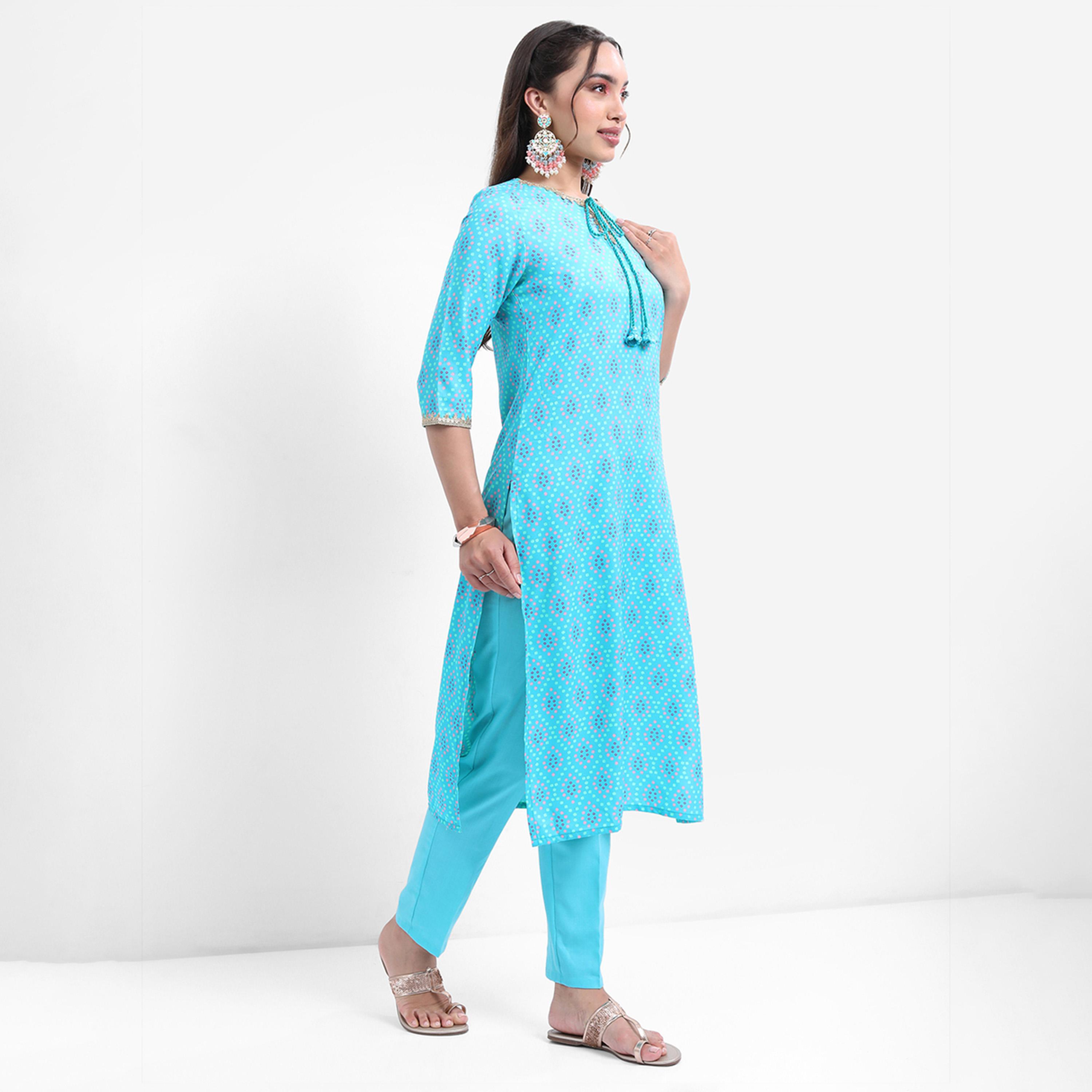 Vishudh X Styli Turquoise Blue Bandhani Printed Tie Up Neck Kurta With Trousers & Dupatta-women-clothing-ethnicwear-sareesets-image-6