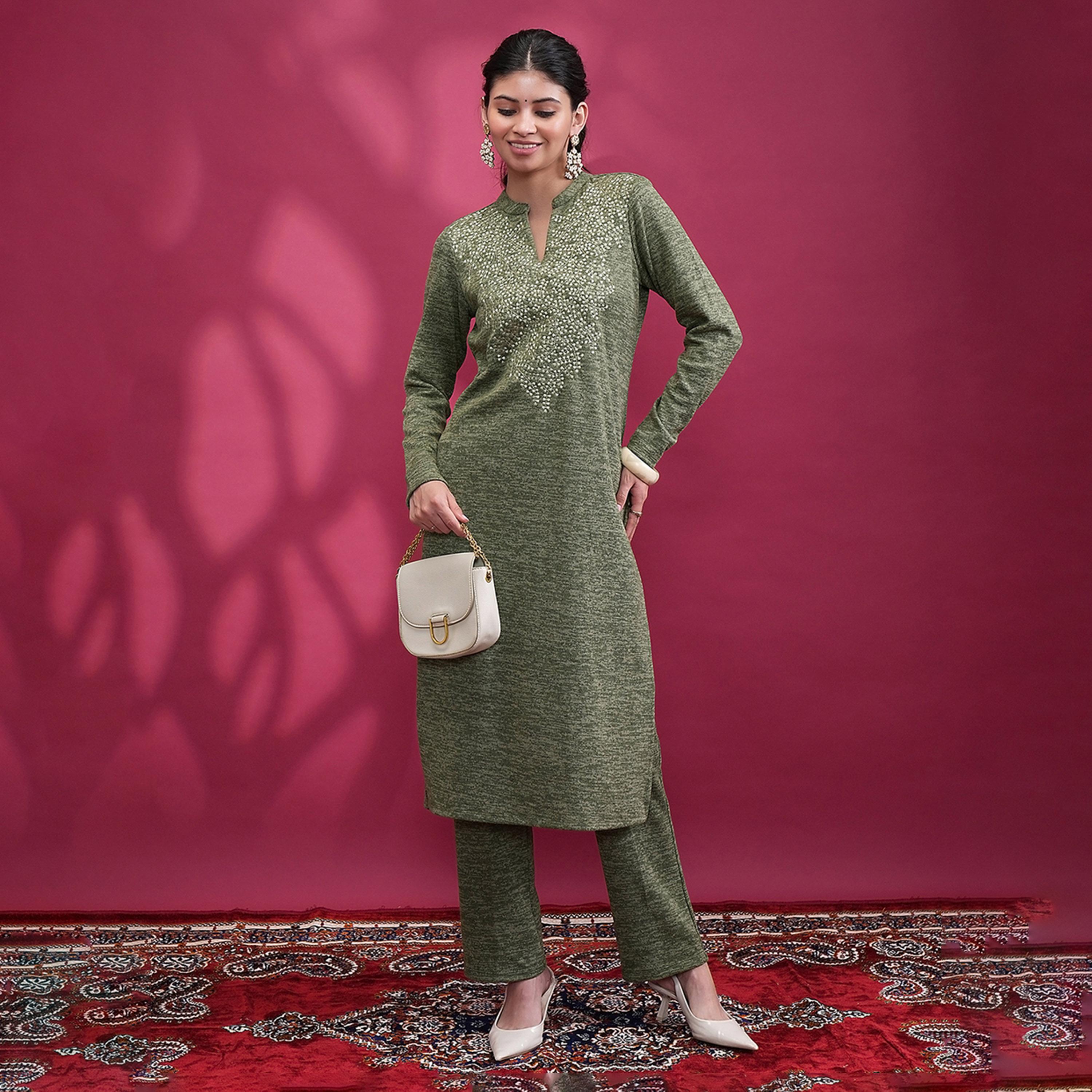 Vishudh X Styli Olive Green Floral Embroidered Straight Kurta with Trousers-women-clothing-ethnicwear-kurtasets-image-1
