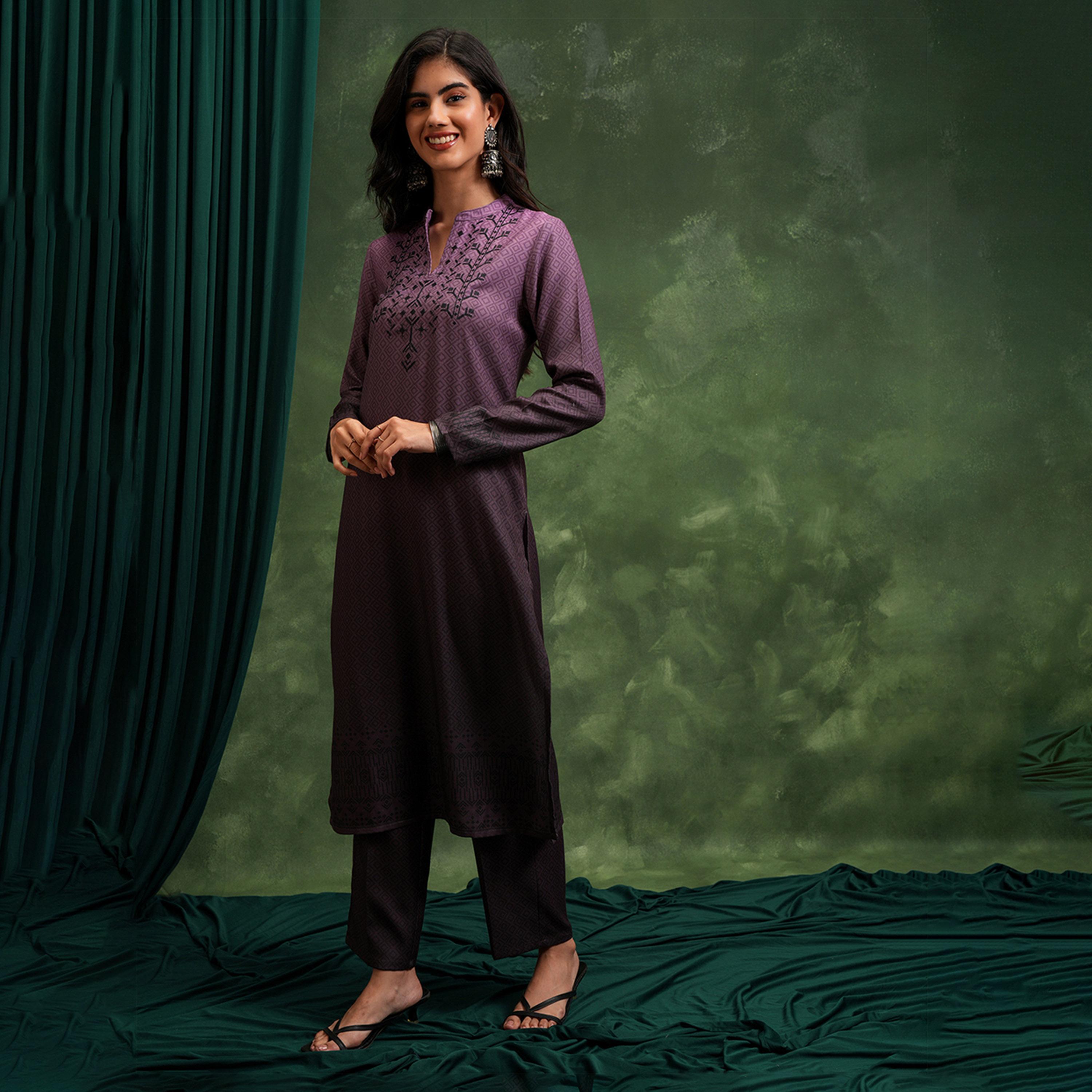 Vishudh X Styli Mauve Printed Yoke Design Thread Work Straight Kurta with Trousers & Dupatta-women-clothing-ethnicwear-sareesets-image-2