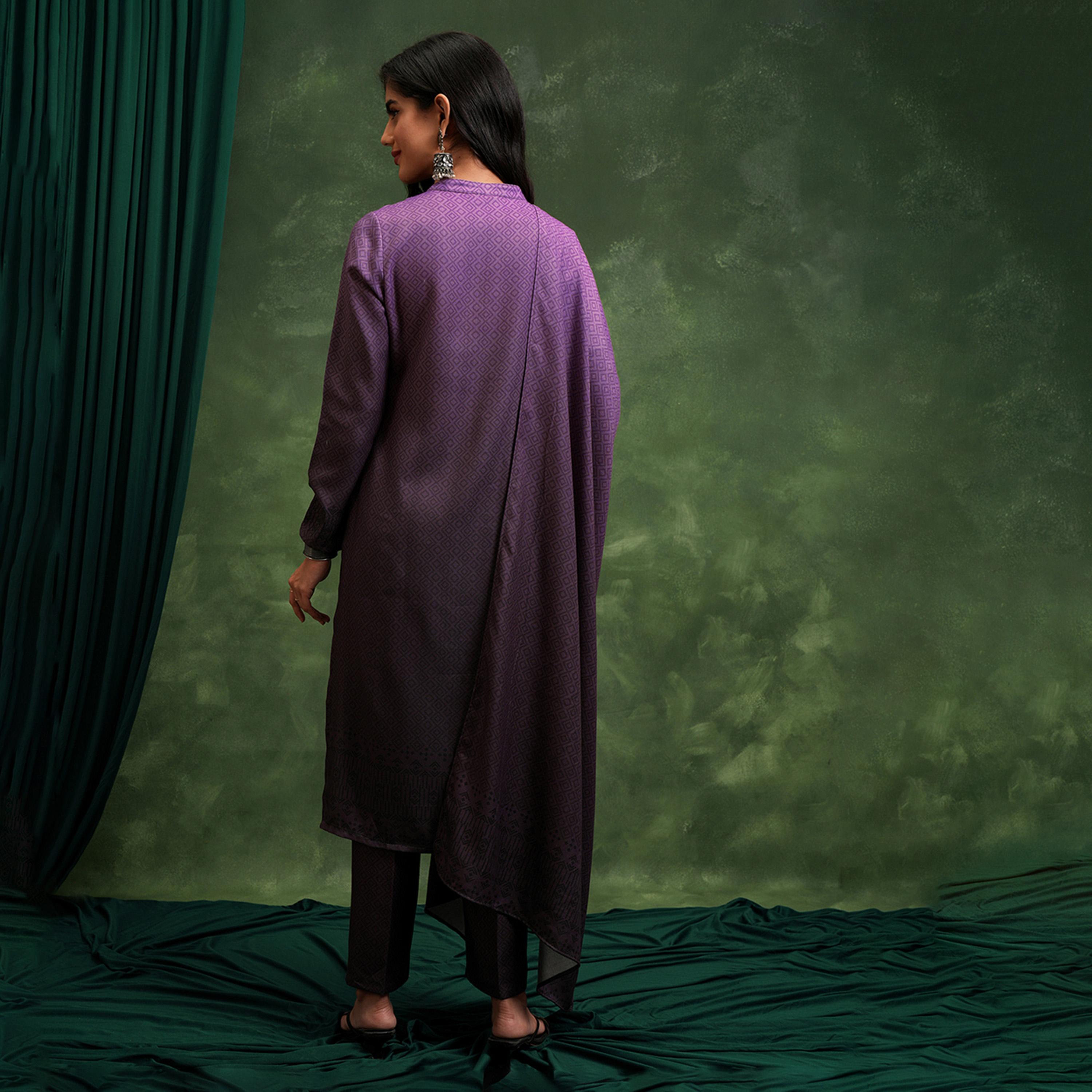 فيشود × ستايلي - كورتا مستقيمة مطبوعة بياقة مطرزة مع بنطال ووشاح - موف-women-clothing-ethnicwear-sareesets-image-3