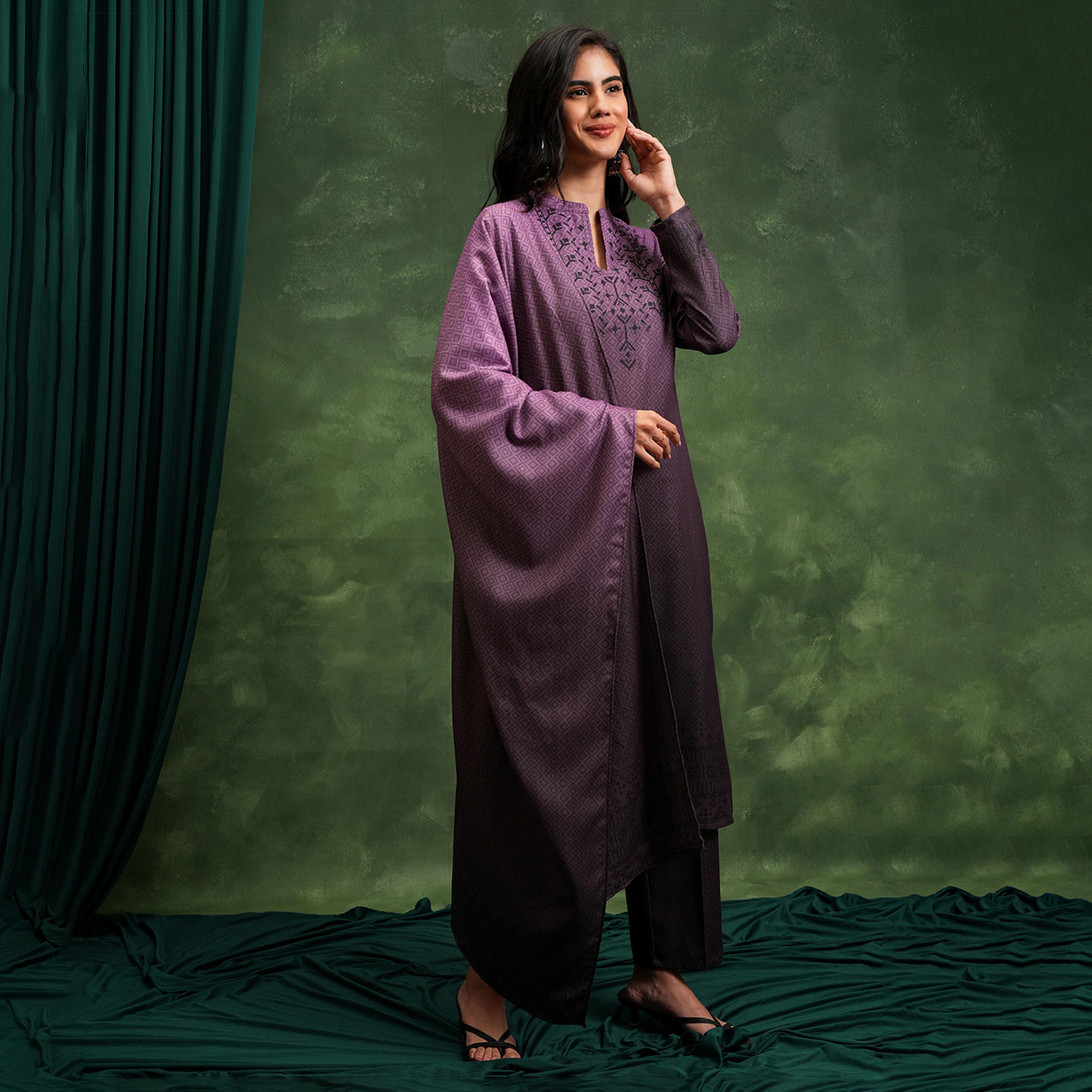 Vishudh X Styli Mauve Printed Yoke Design Thread Work Straight Kurta with Trousers & Dupatta-women-clothing-ethnicwear-sareesets-image-4
