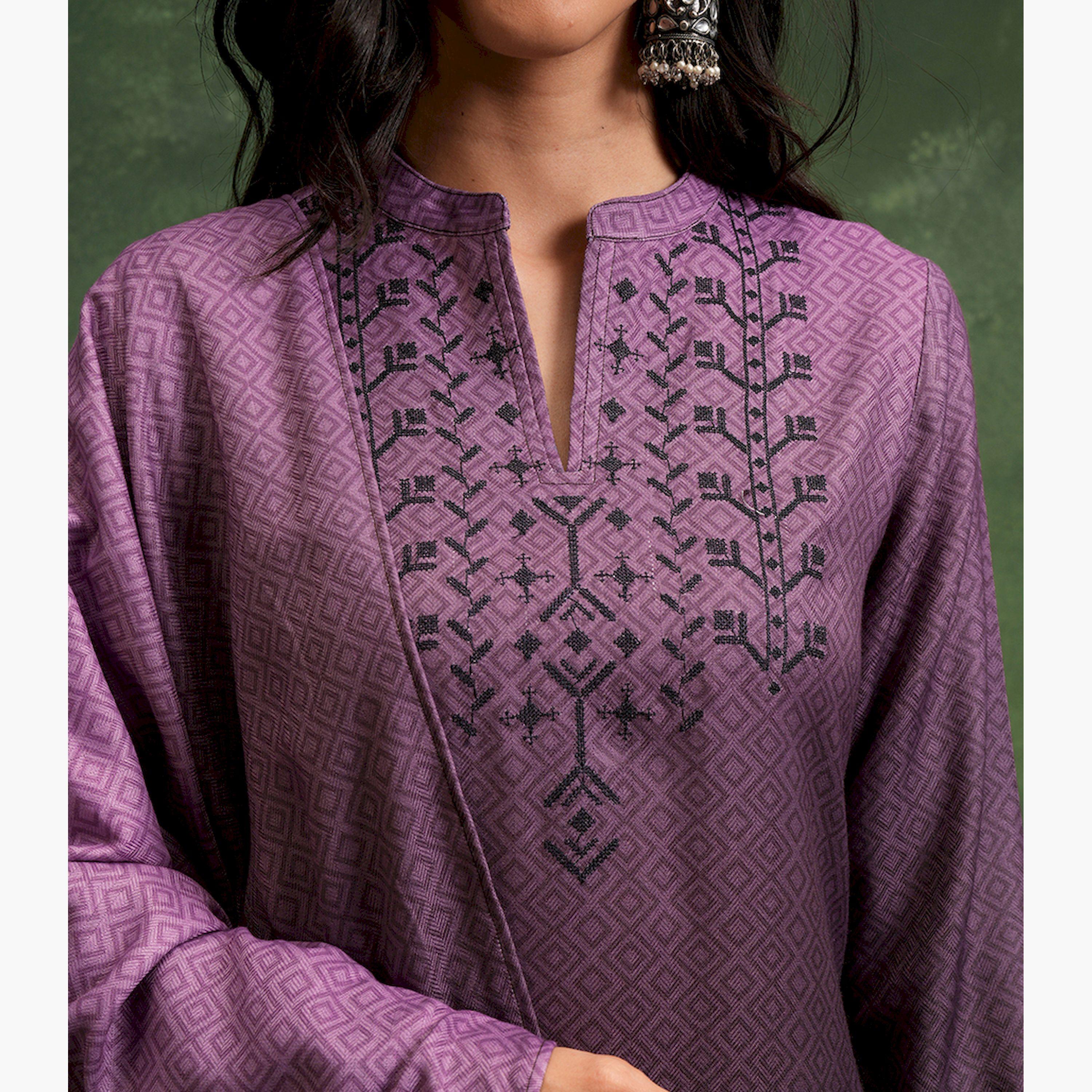 فيشود × ستايلي - كورتا مستقيمة مطبوعة بياقة مطرزة مع بنطال ووشاح - موف-women-clothing-ethnicwear-sareesets-image-5