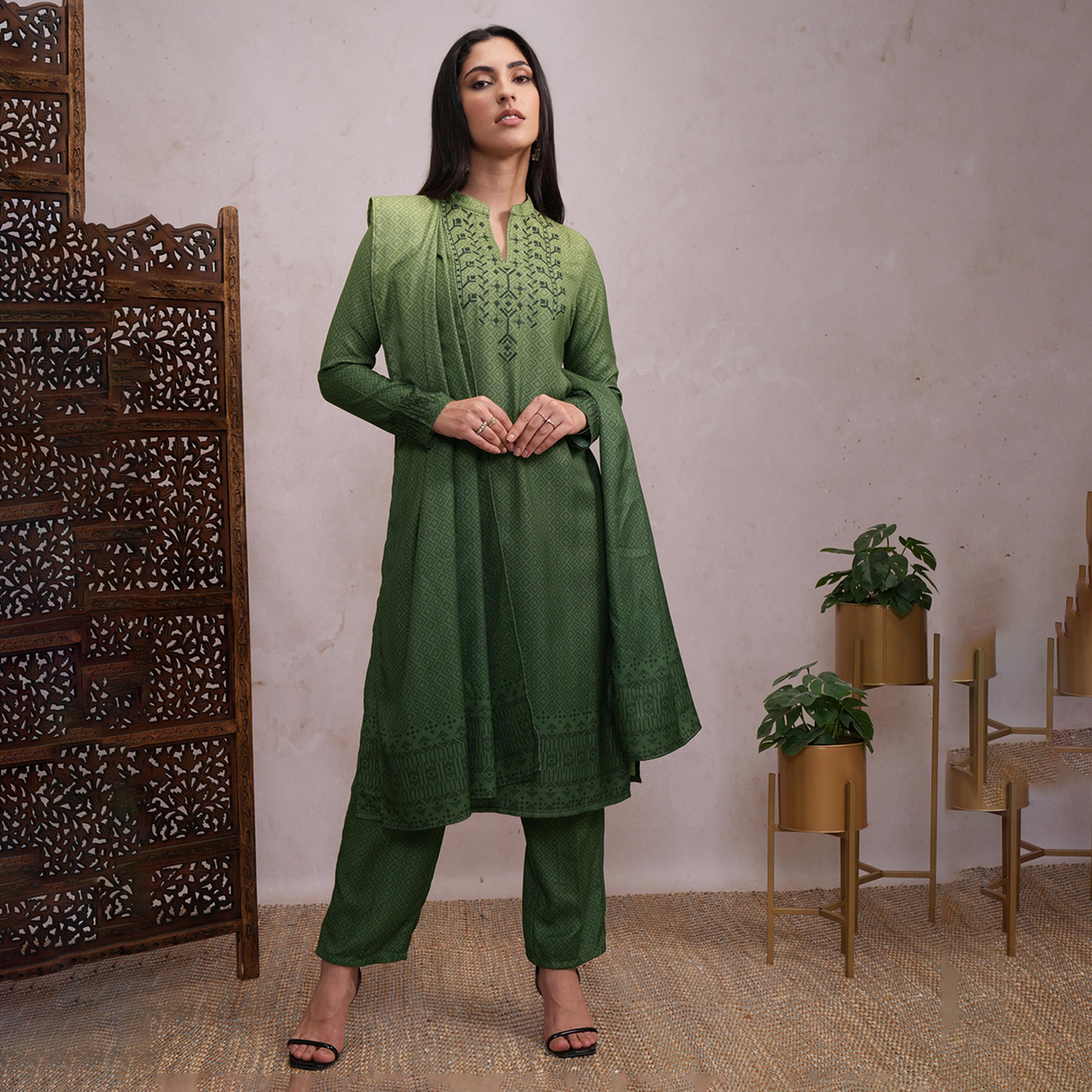 Vishudh X Styli Green Printed Yoke Design Thread Work Straight Kurta with Trousers & Dupatta-women-clothing-ethnicwear-sareesets-image-1