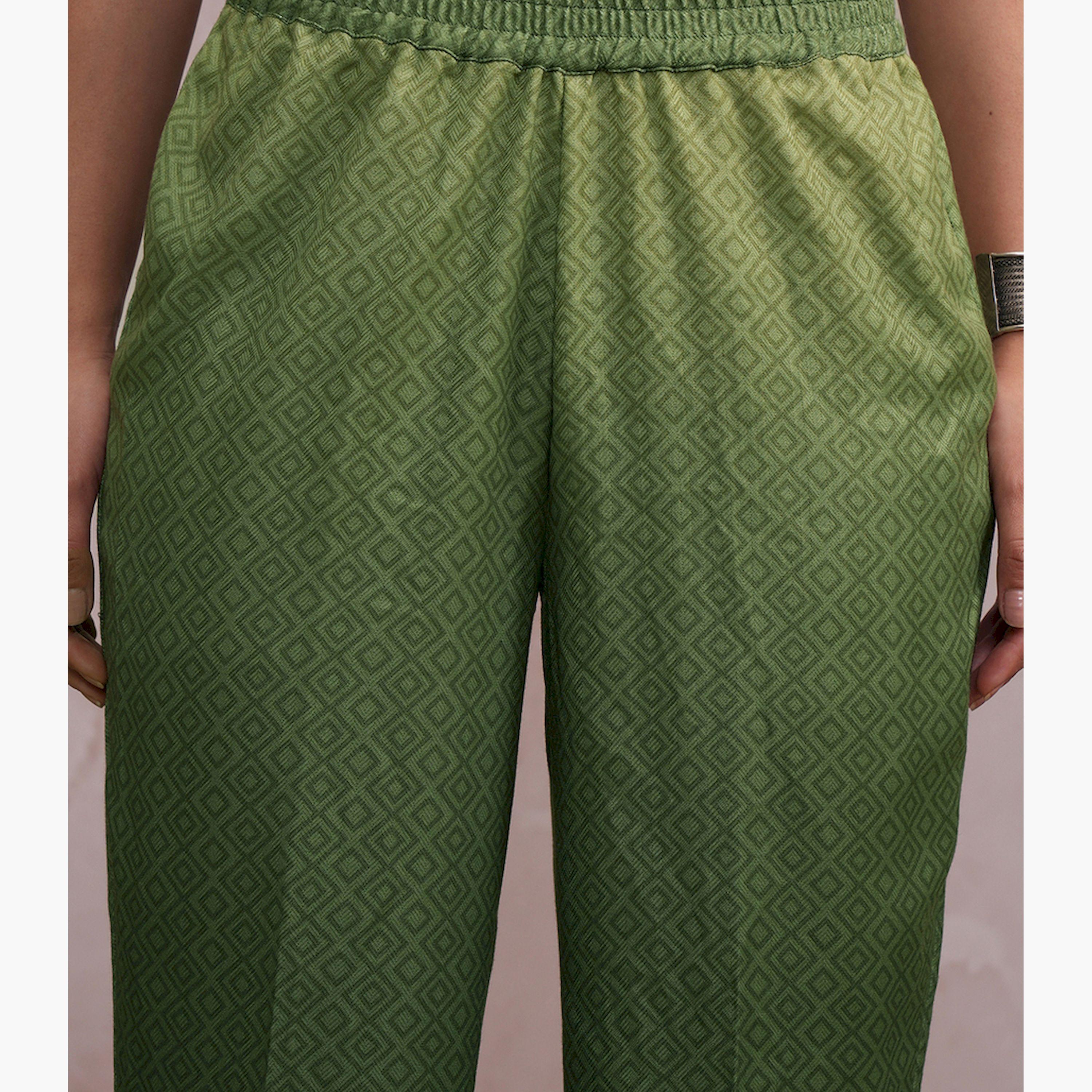 فيشود × ستايلي - كورتا مستقيمة مطبوعة بياقة مطرزة مع بنطال ووشاح - أخضر-women-clothing-ethnicwear-sareesets-image-6