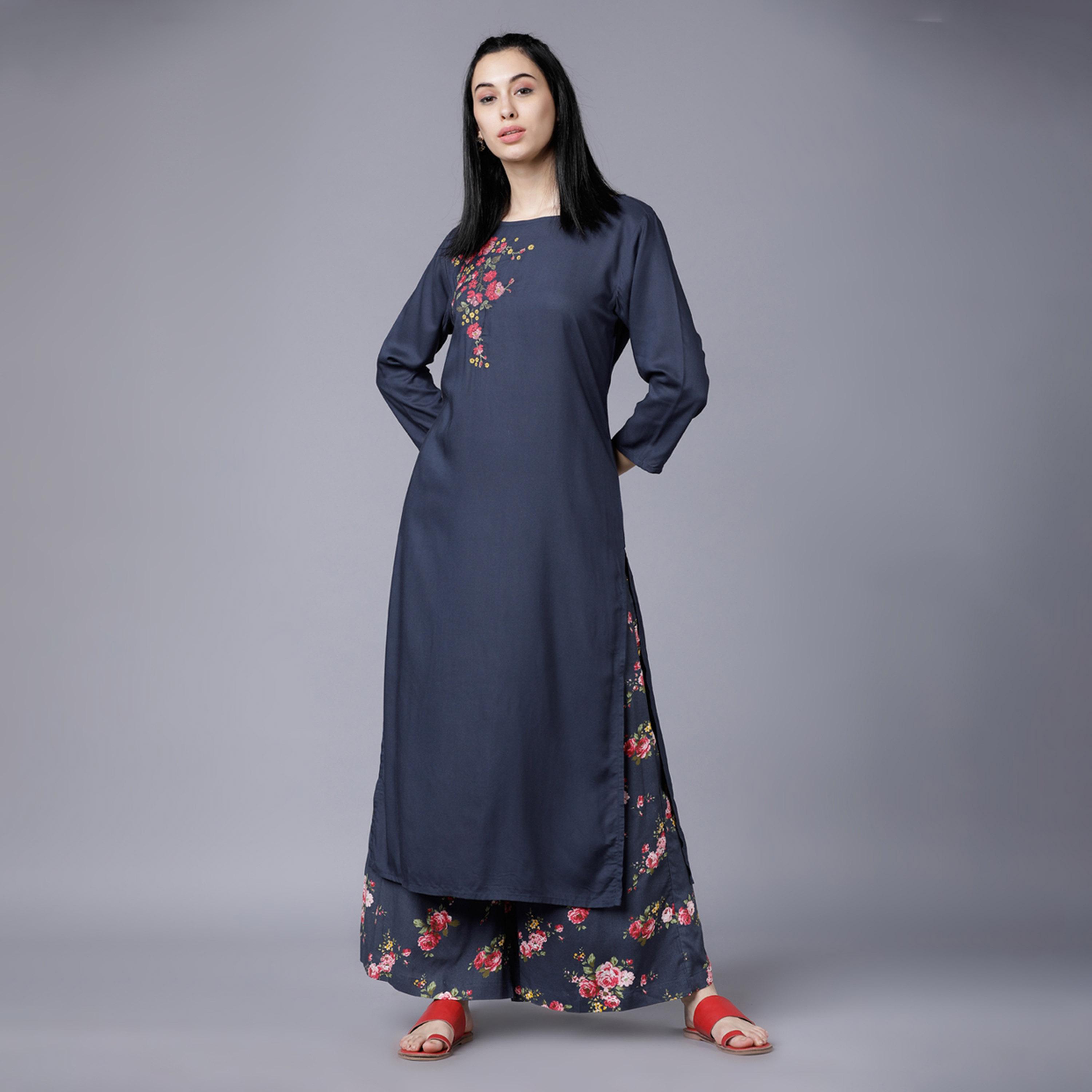 Vishudh X Styli Women Blue Floral Printed Regular Kurta with Palazzos-women-clothing-ethnicwear-kurtasets-image-1