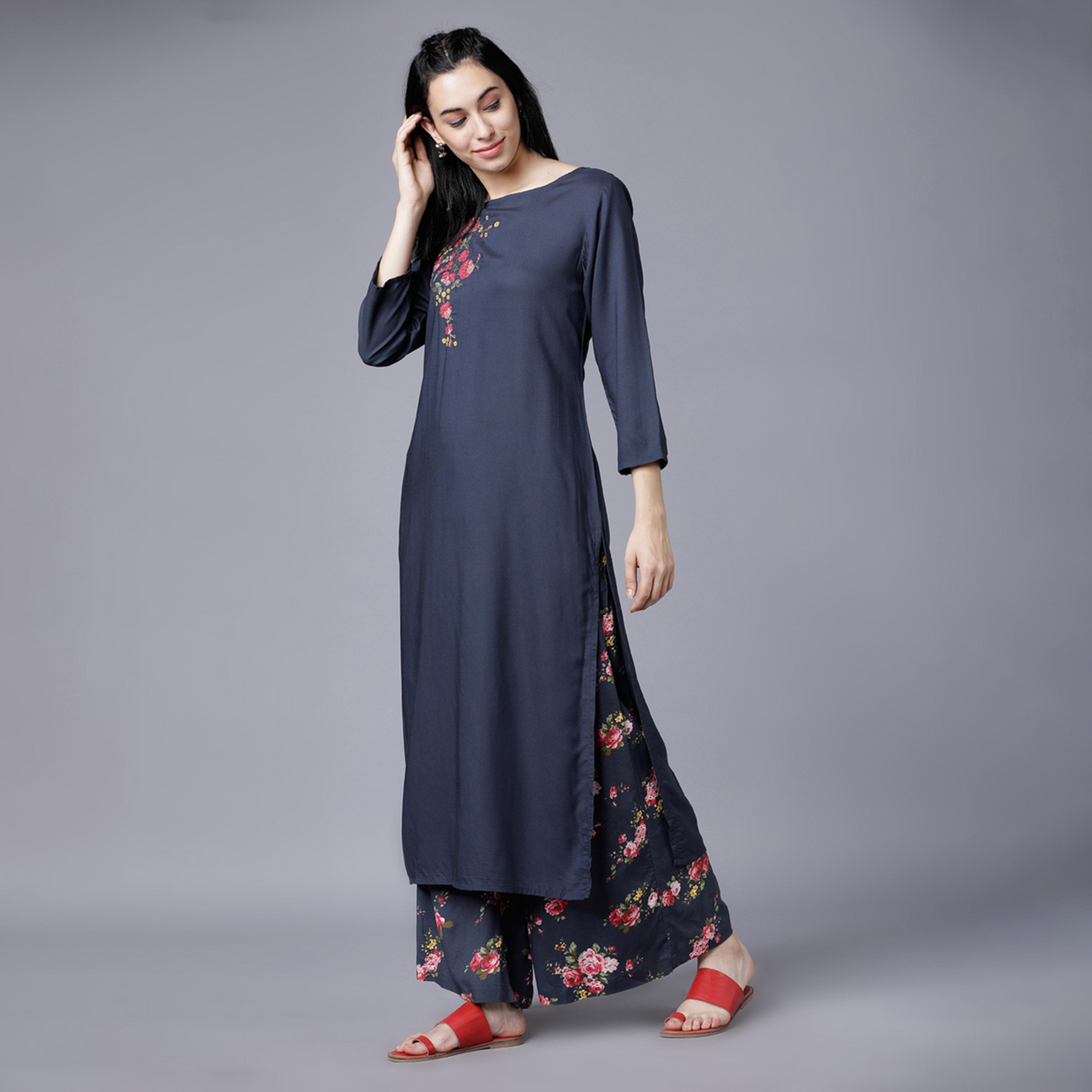 Vishudh X Styli Women Blue Floral Printed Regular Kurta with Palazzos-women-clothing-ethnicwear-kurtasets-image-2