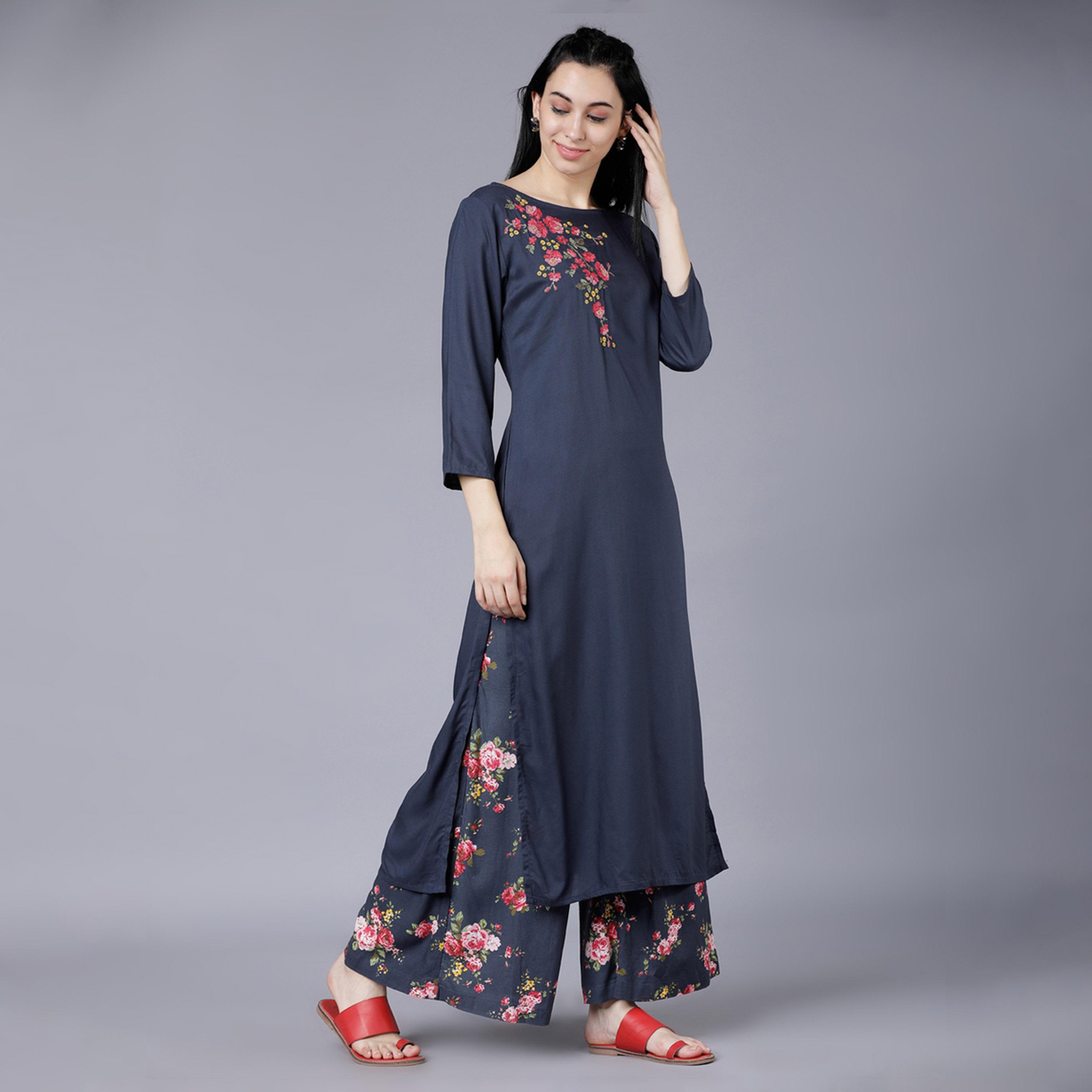 Vishudh X Styli Women Blue Floral Printed Regular Kurta with Palazzos-women-clothing-ethnicwear-kurtasets-image-4
