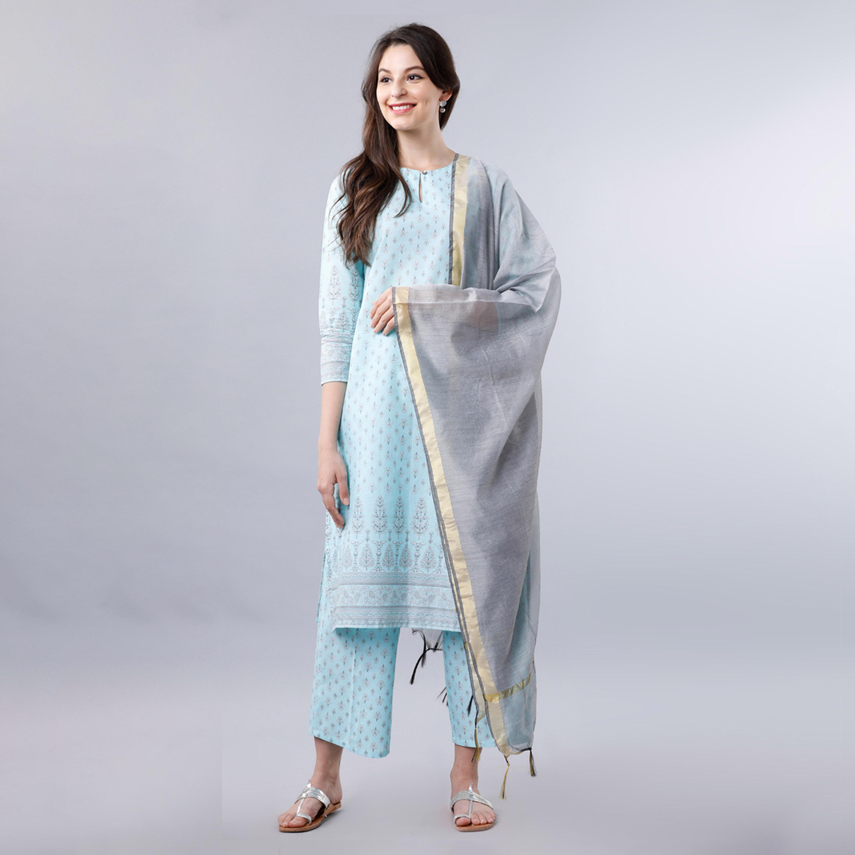 Vishudh X Styli Women Blue Ethnic Motifs Printed Panelled Pure Cotton Kurta with Trousers-women-clothing-ethnicwear-kurtasets-image-1