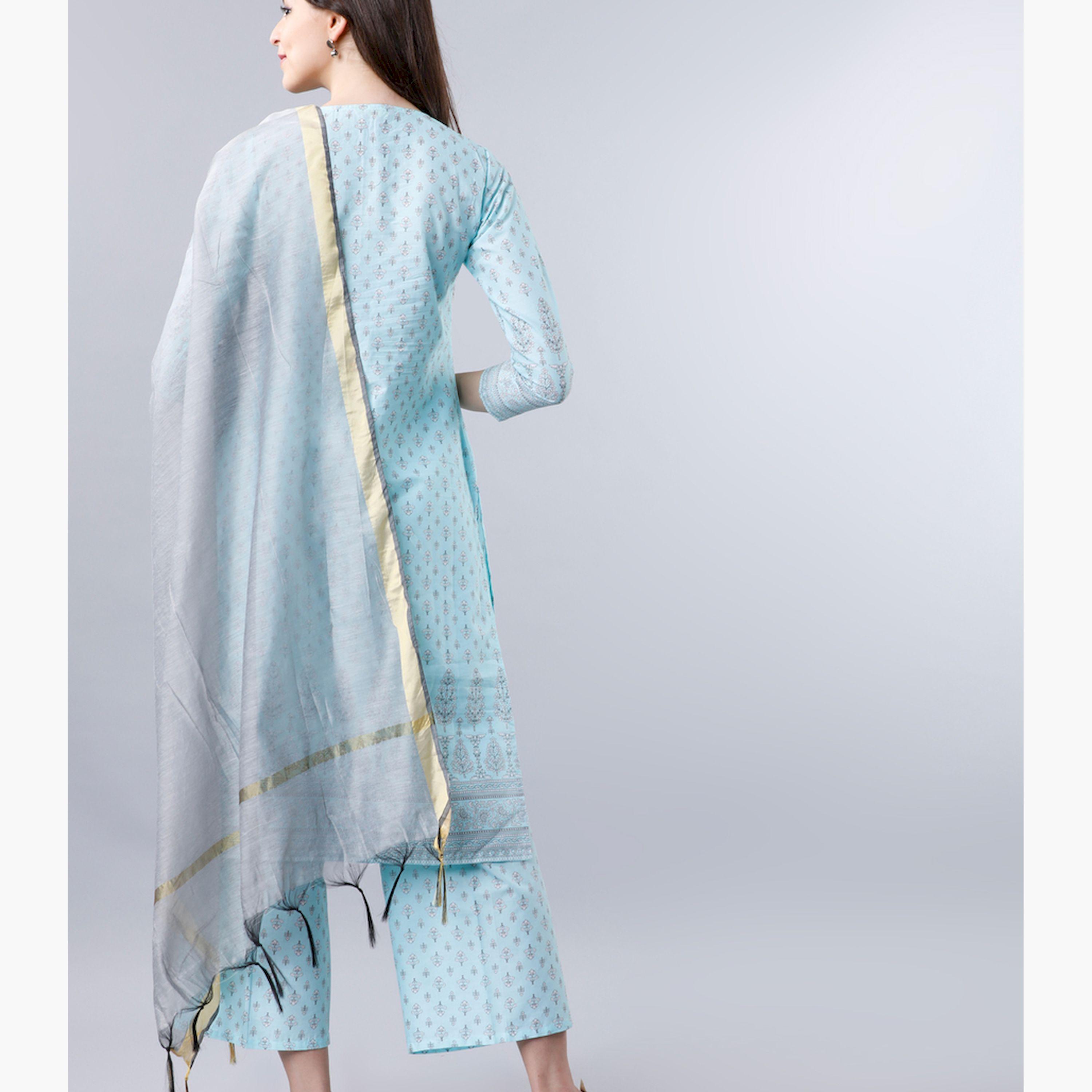Vishudh X Styli Women Blue Ethnic Motifs Printed Panelled Pure Cotton Kurta with Trousers-women-clothing-ethnicwear-kurtasets-image-10
