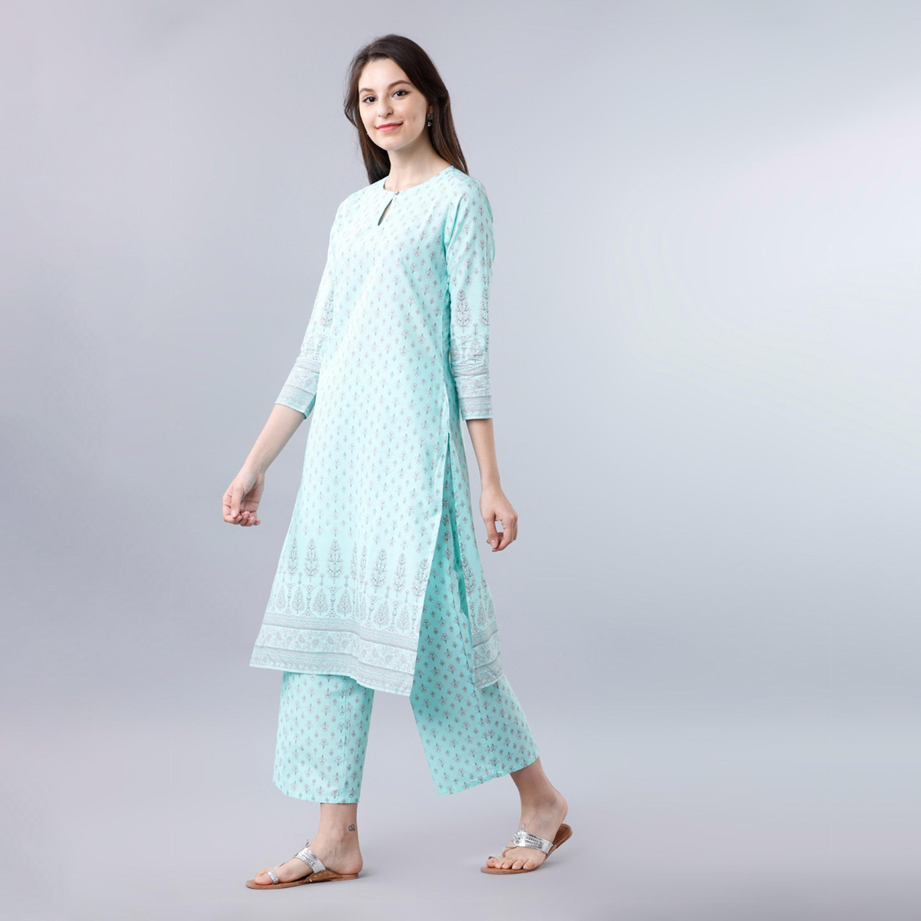 Vishudh X Styli Women Blue Ethnic Motifs Printed Panelled Pure Cotton Kurta with Trousers-women-clothing-ethnicwear-kurtasets-image-2