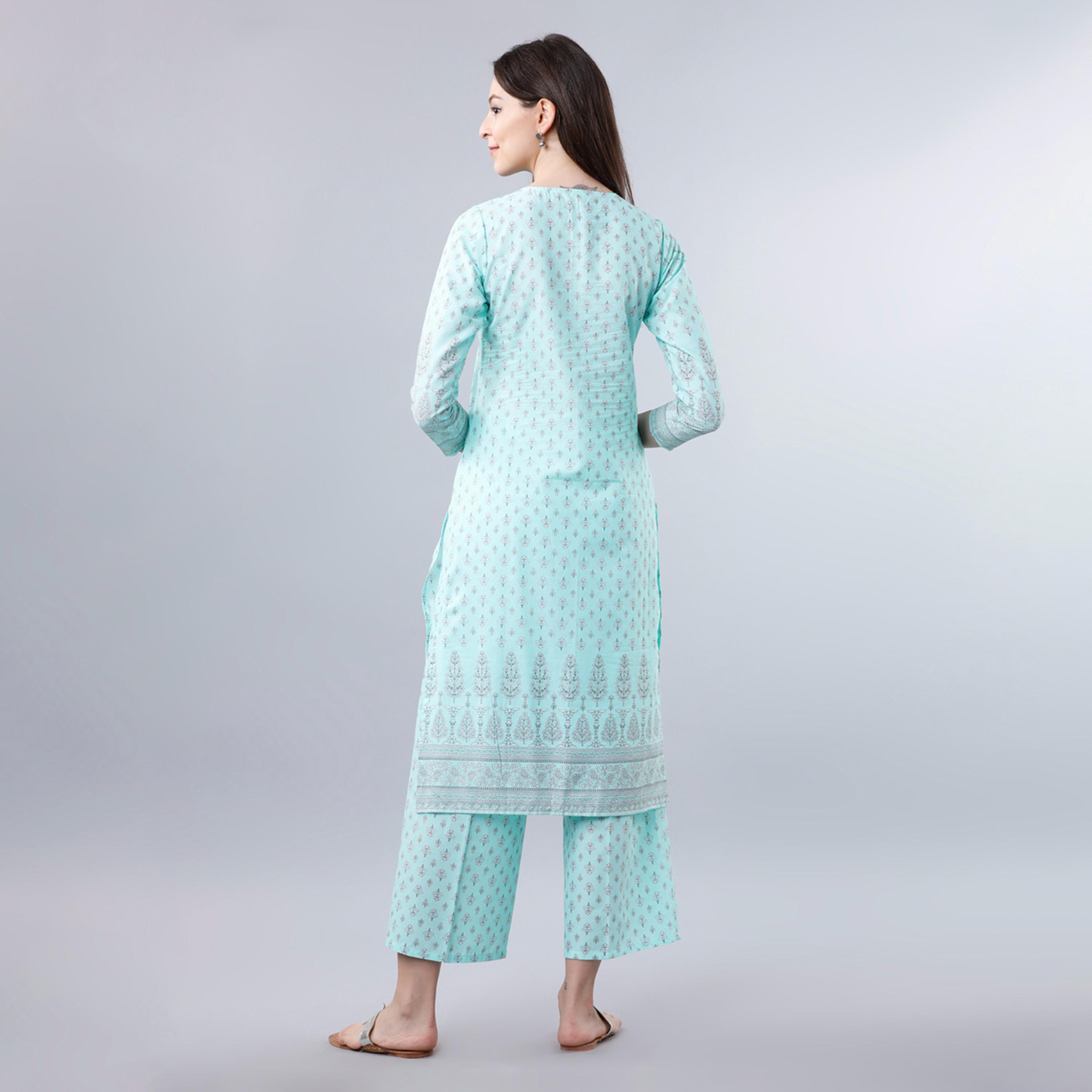 Vishudh X Styli Women Blue Ethnic Motifs Printed Panelled Pure Cotton Kurta with Trousers-women-clothing-ethnicwear-kurtasets-image-3