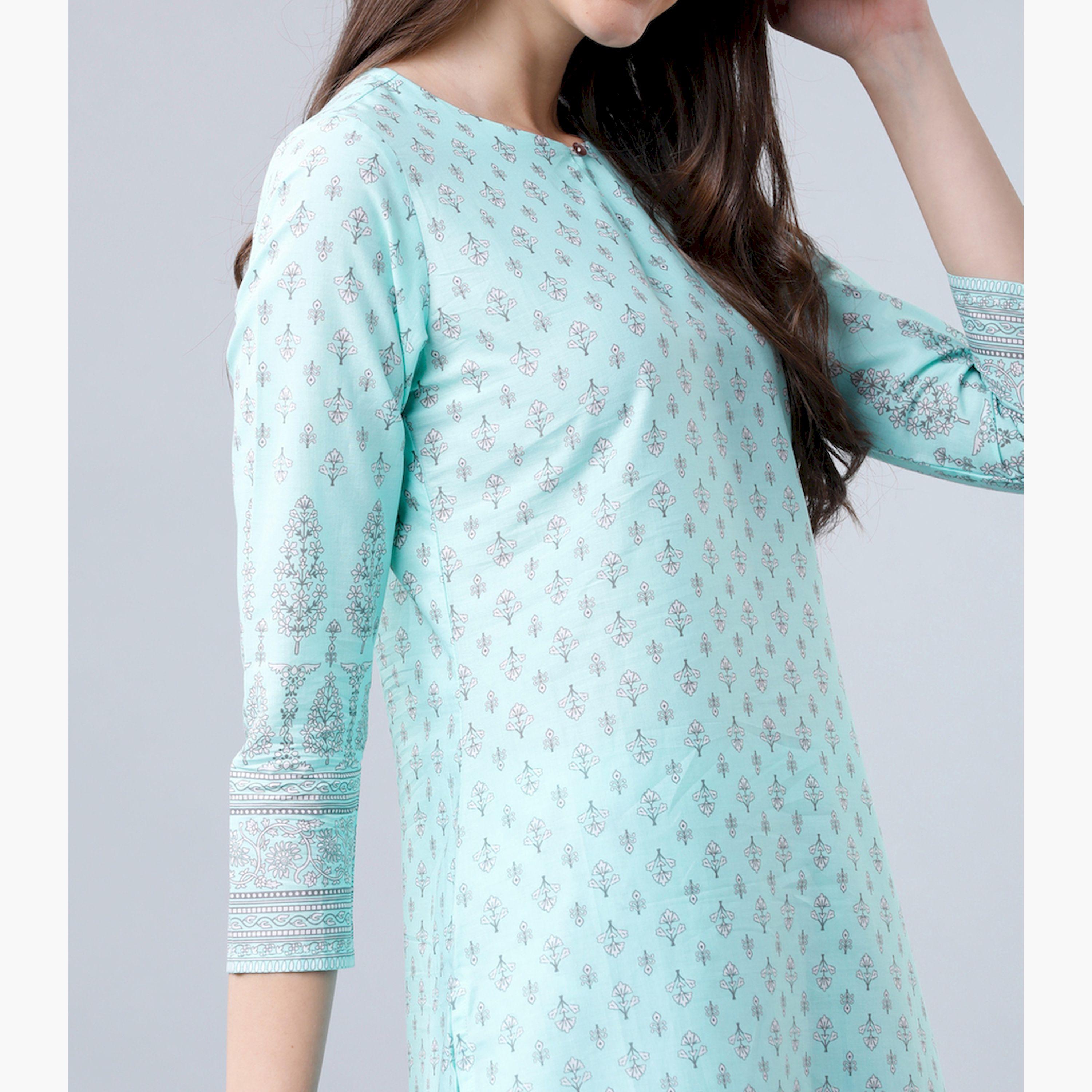 Vishudh X Styli Women Blue Ethnic Motifs Printed Panelled Pure Cotton Kurta with Trousers-women-clothing-ethnicwear-kurtasets-image-4