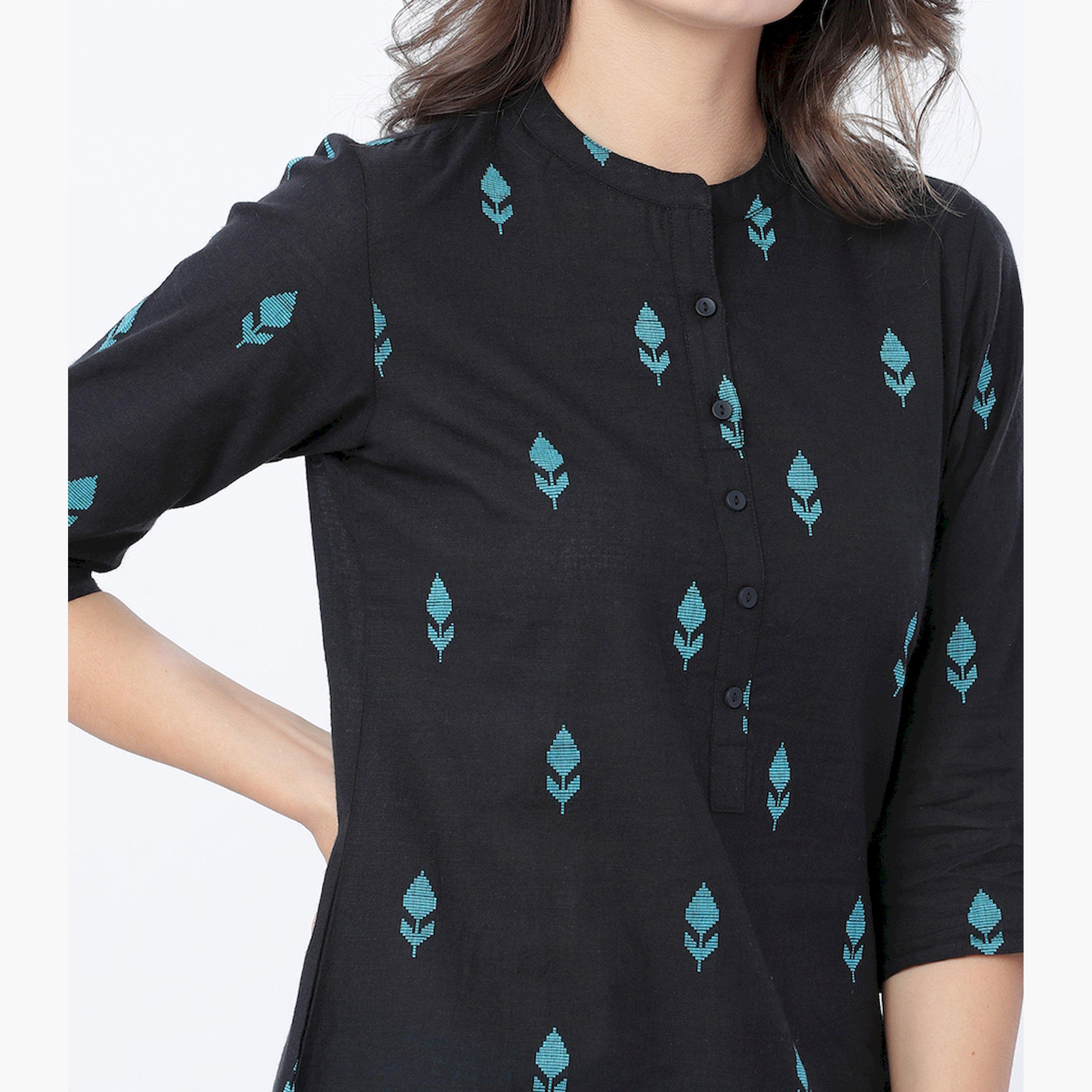 فيشود × ستايلي - كورتا مطبوعة مع بنطال بالازو باللون الأسود للنساء-women-clothing-ethnicwear-kurtasets-image-4