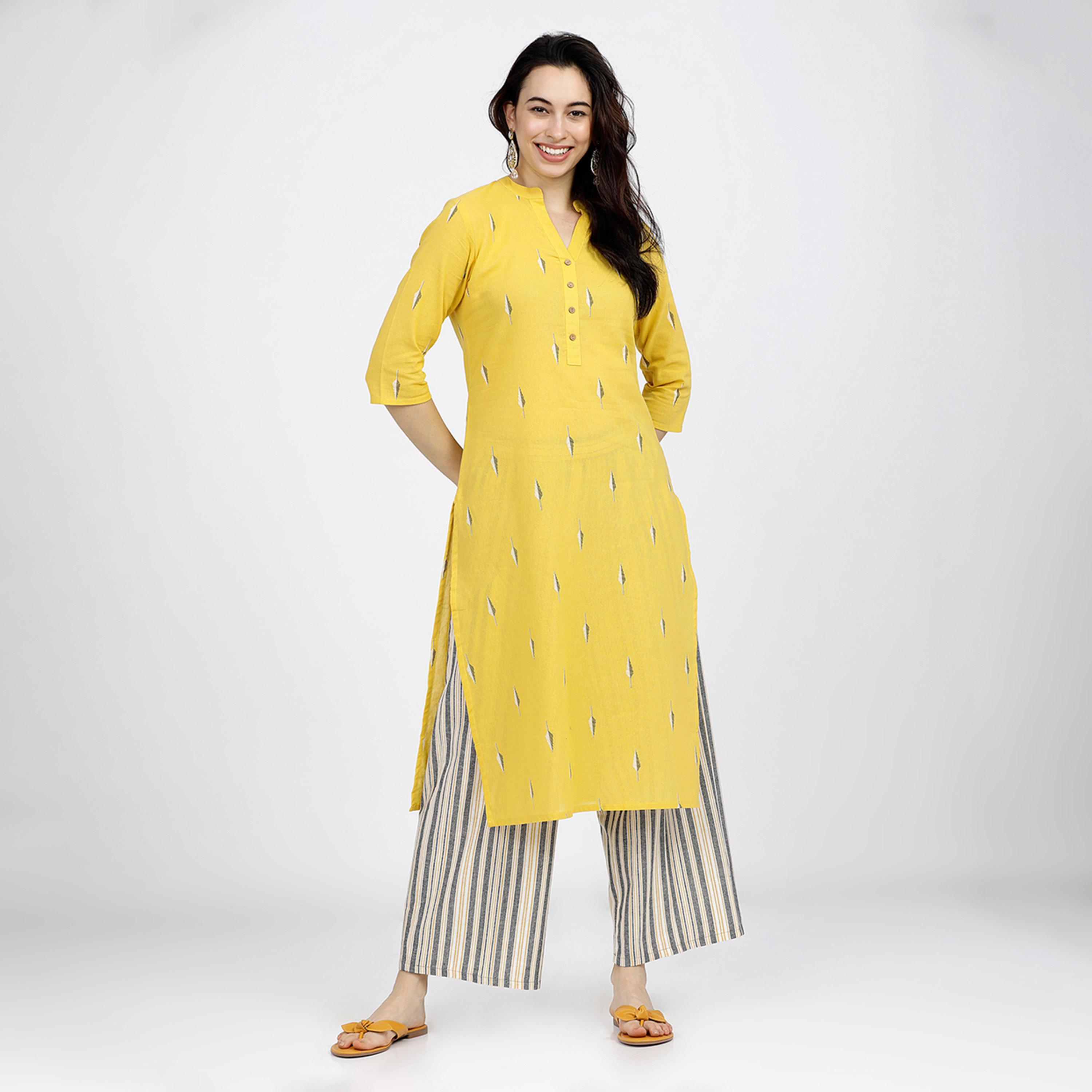 فيشود × ستايلي - كورتا نسائية من القطن الخالص بطبعة هندسية مع بنطال - أصفر-women-clothing-ethnicwear-kurtasets-image-1