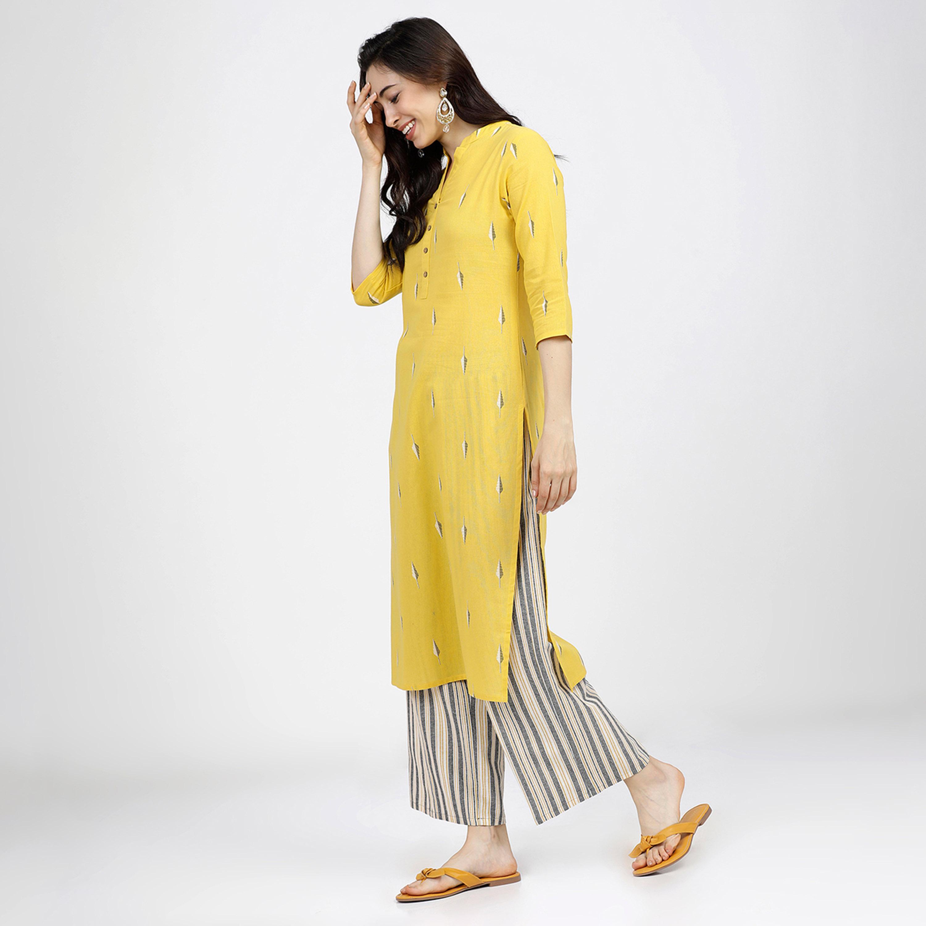 Vishudh X Styli Women Yellow Geometric Printed Pure Cotton Kurta with Trousers-women-clothing-ethnicwear-kurtasets-image-2