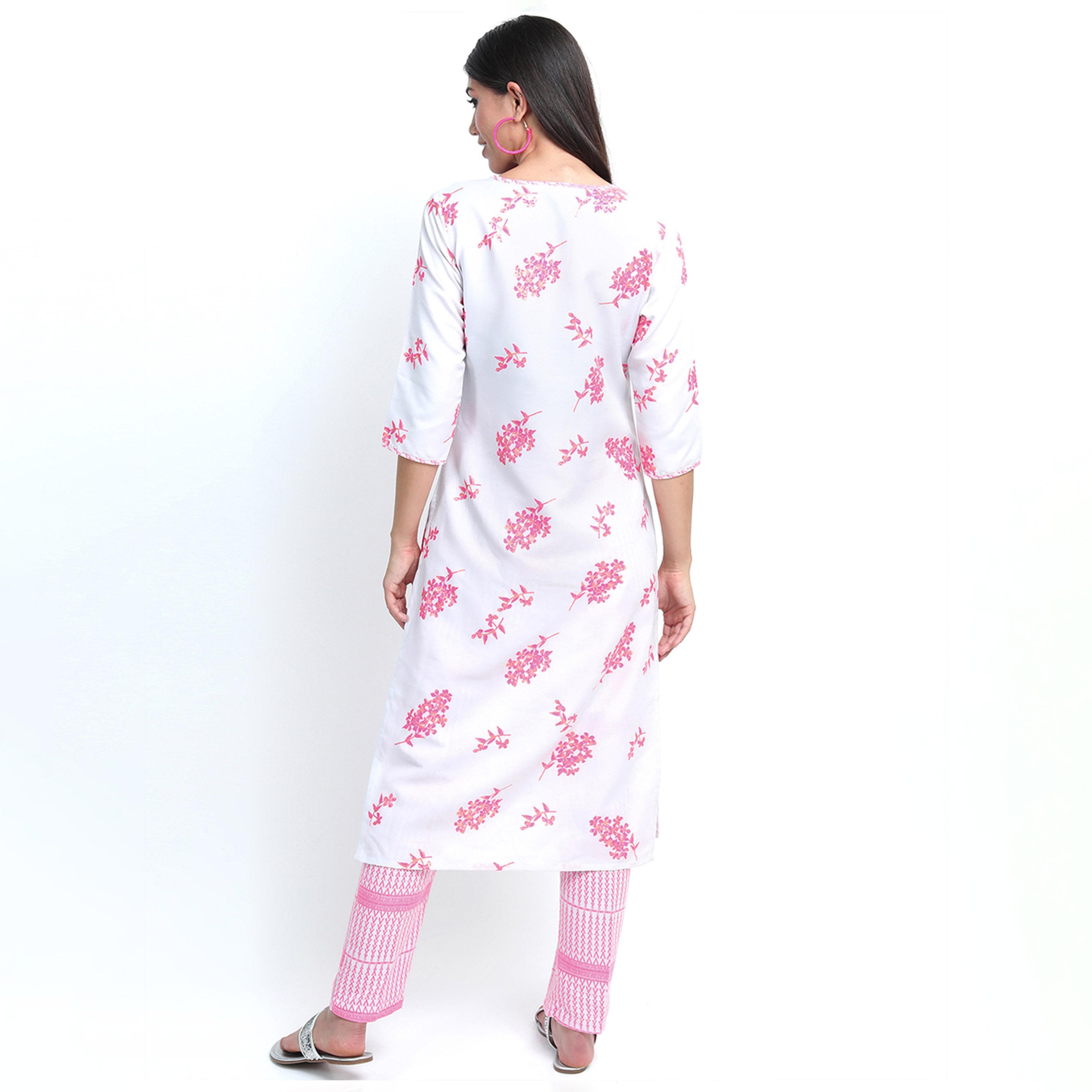 فيشود × ستايلي - كورتا بطبعة زهور مع بنطال باللونين الوردي والأبيض للنساء-women-clothing-ethnicwear-kurtasets-image-3