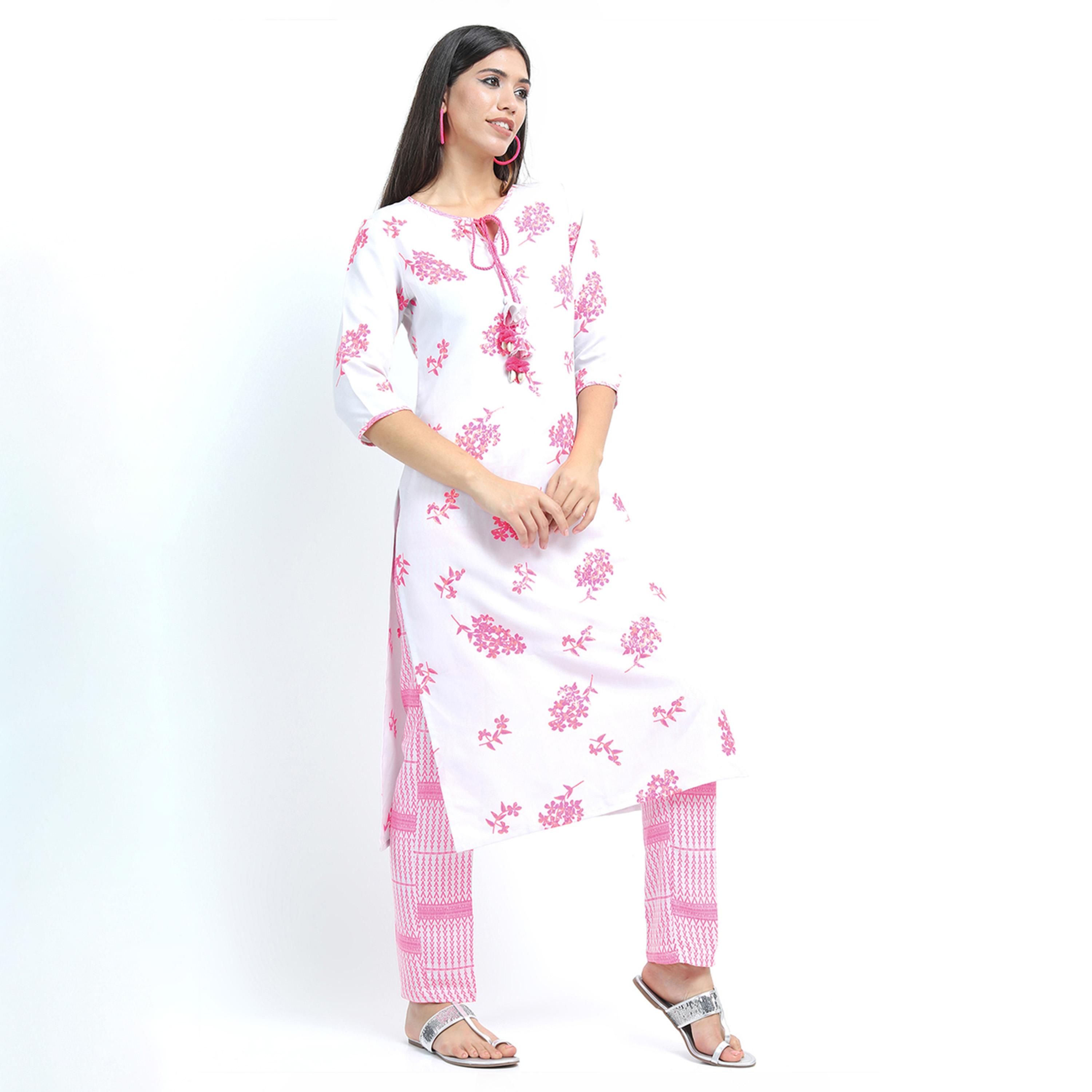 فيشود × ستايلي - كورتا بطبعة زهور مع بنطال باللونين الوردي والأبيض للنساء-women-clothing-ethnicwear-kurtasets-image-5