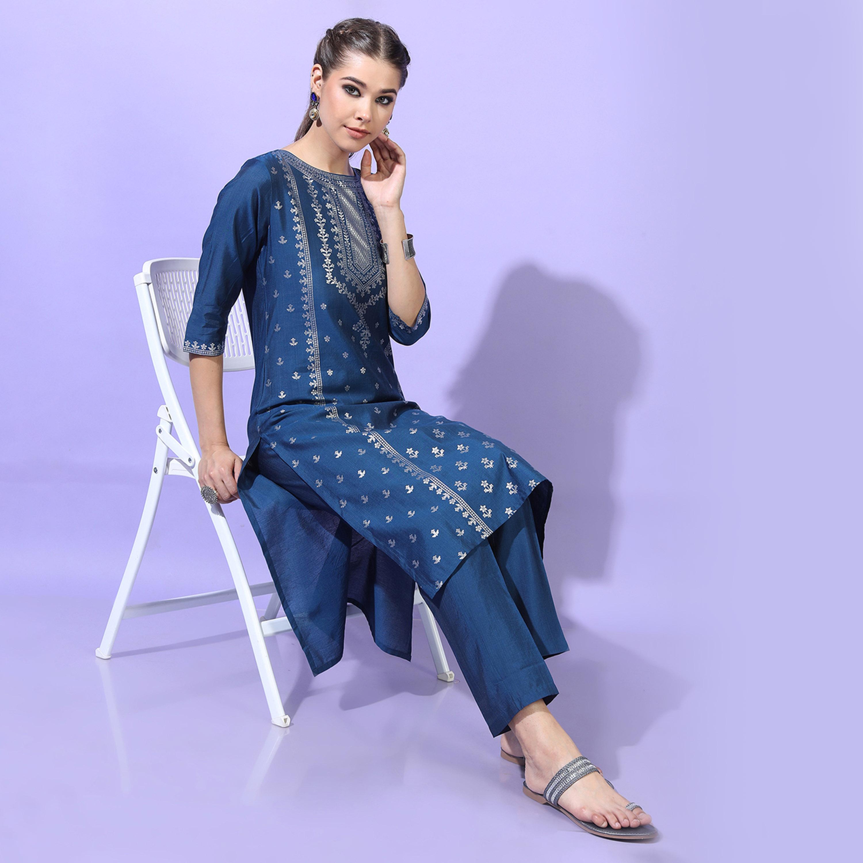 فيشود × ستايلي - كورتا نسائية مع بنطال بنقشة عرقية - أزرق مخضر-women-clothing-ethnicwear-kurtasets-image-1